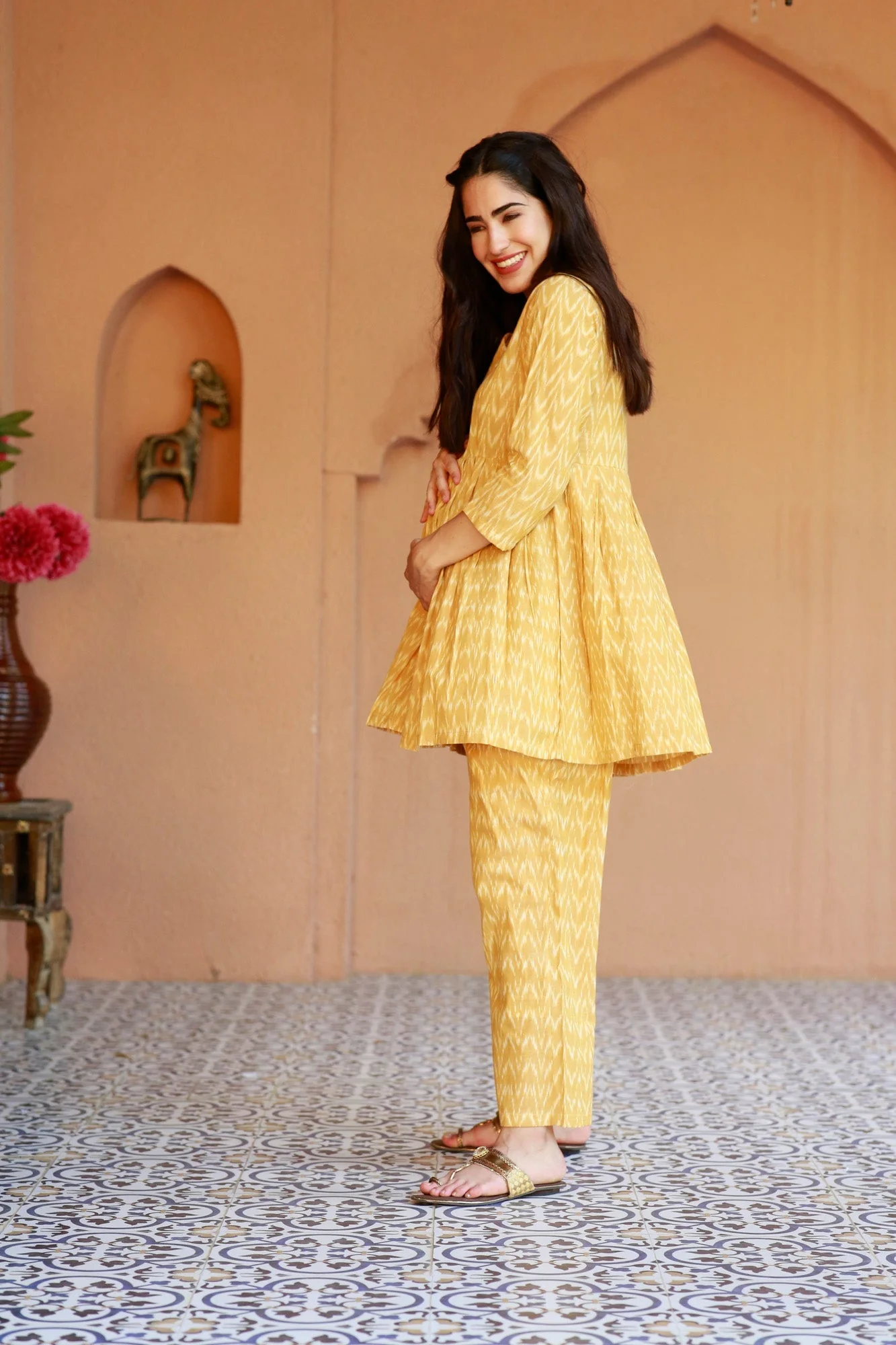 Restful Mustard Ikat Maternity & Nursing Lounge Coord Set (2Pc) (100% Cotton) - Chenance