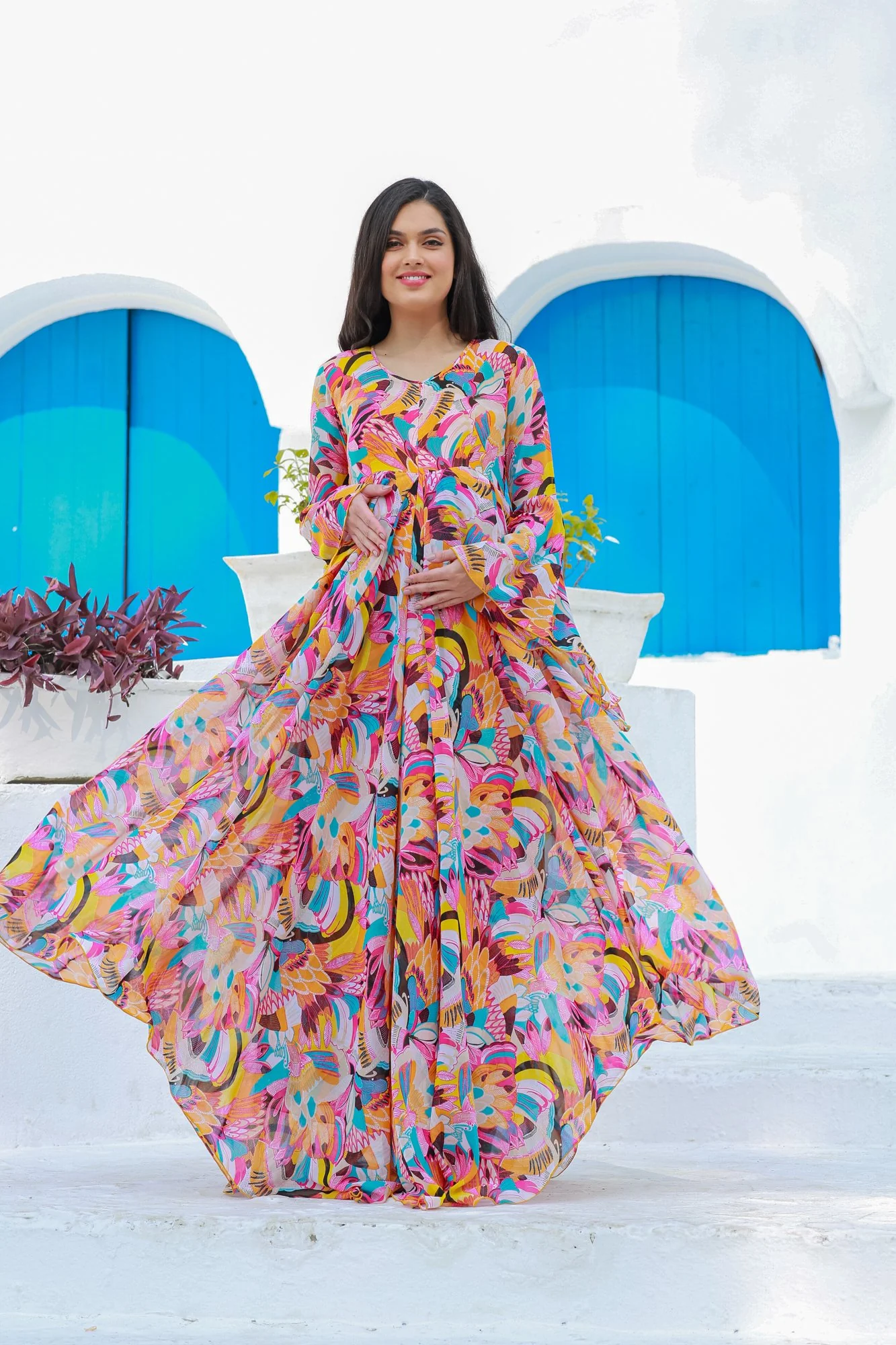 Vibrant Boho Maternity & Nursing Flair Concealed Zip Dress - Chenance