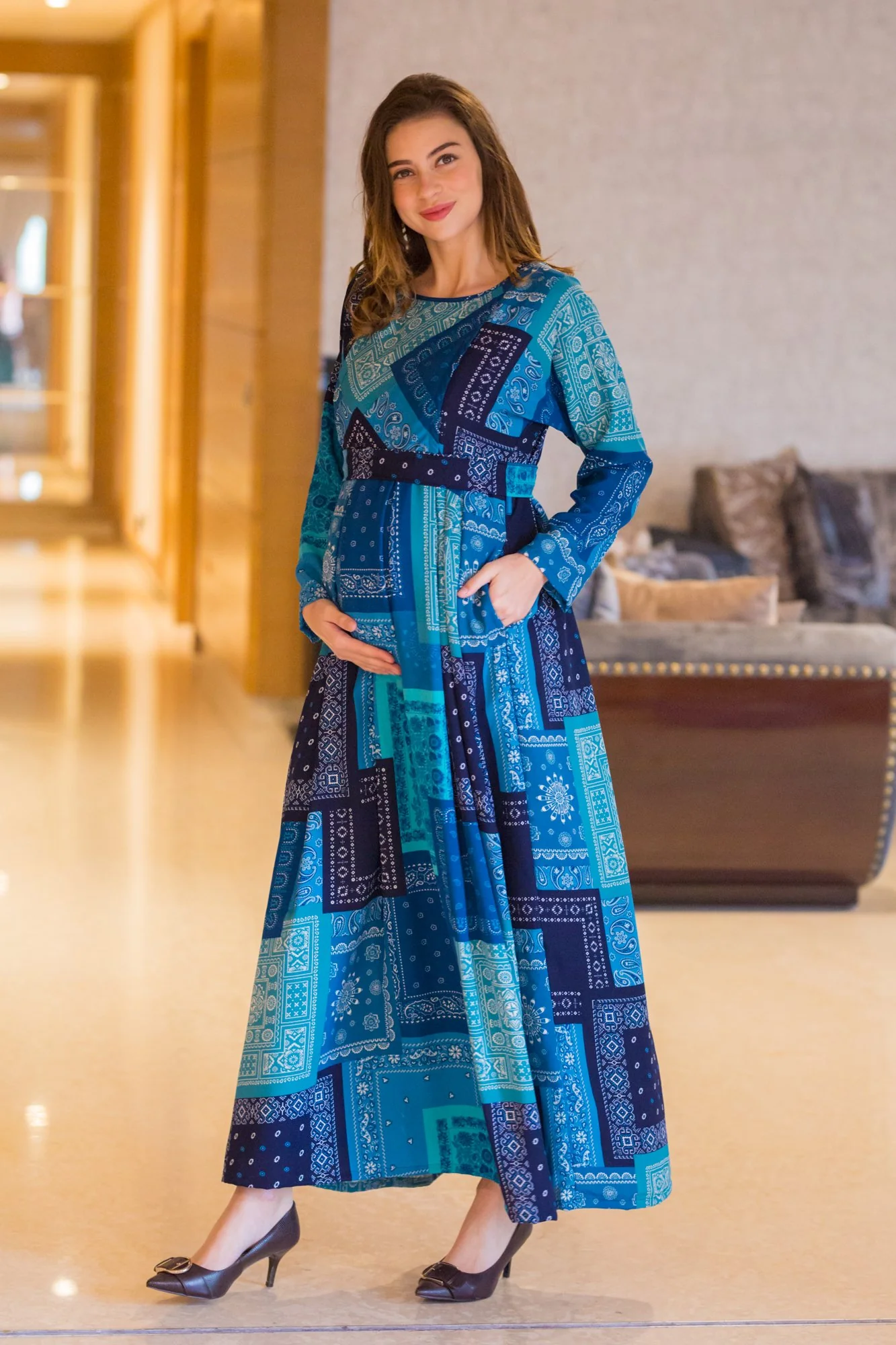 Indigo Pattern Maternity & Nursing Dress - Chenance