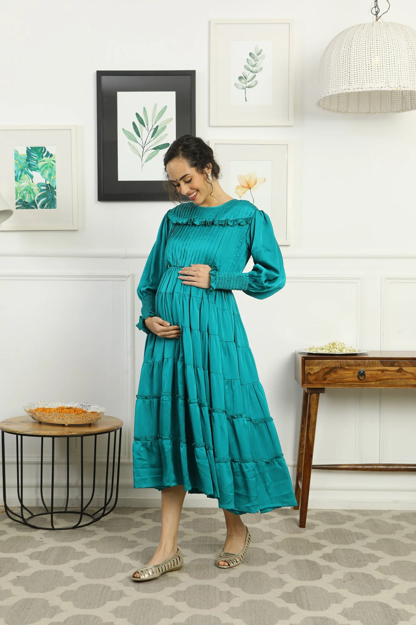 Premium Satin Emerald Green Formal Maternity & Nursing Pintucks Frill Dress - Chenance