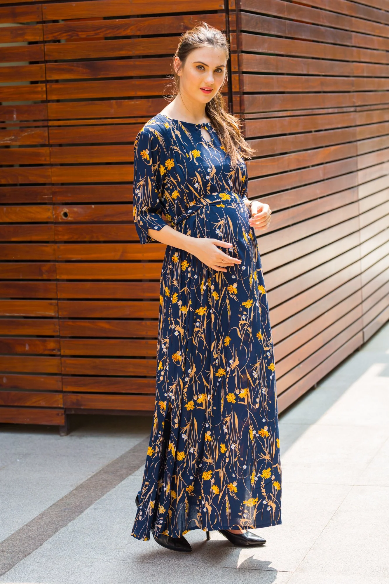 Azure Ebony Side Slit Maternity & Feeding Dress - Chenance