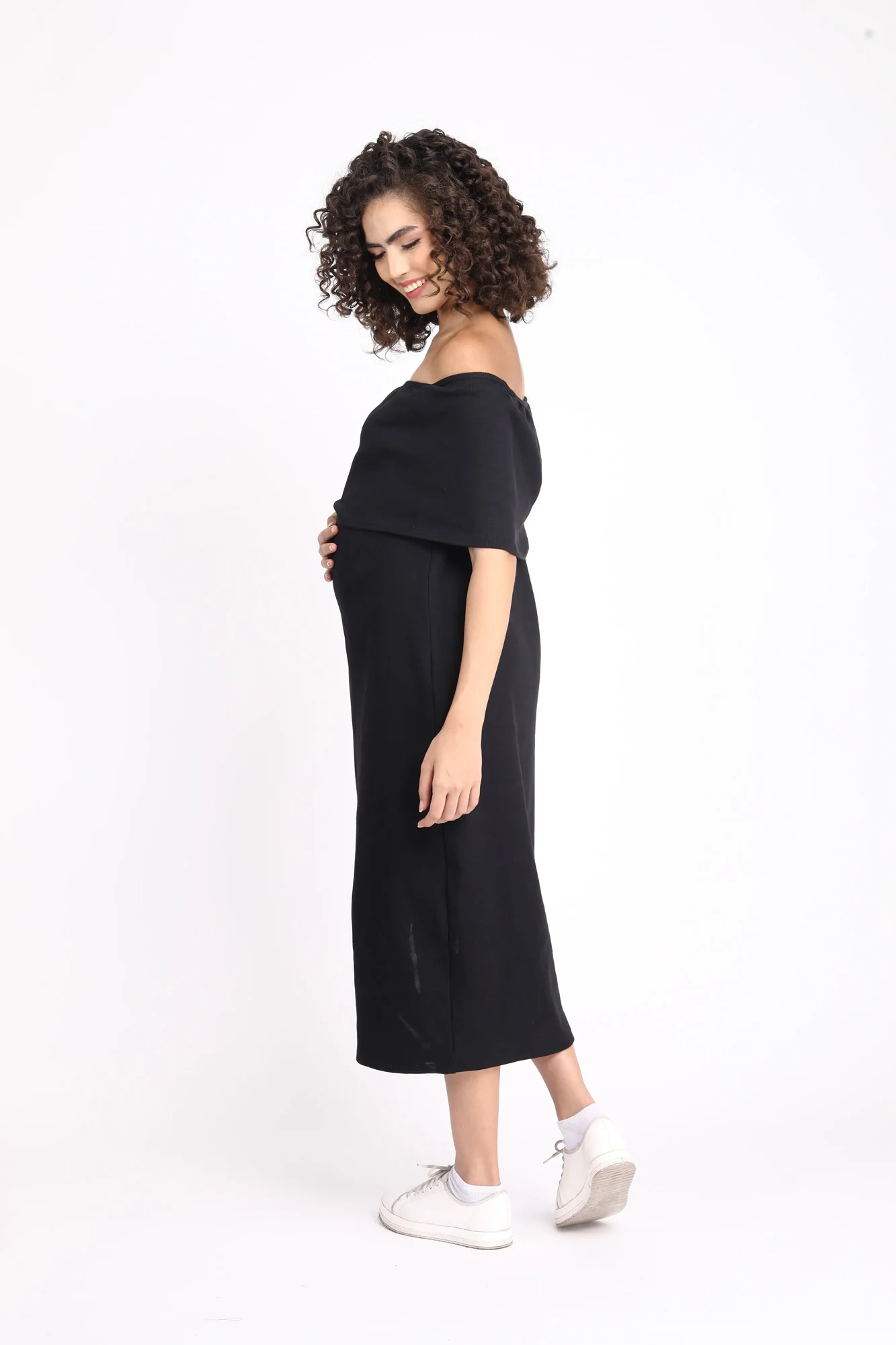 Glamorous Ribbed Black Maternity Bodycon Off-Shoulder Dress - Chenance
