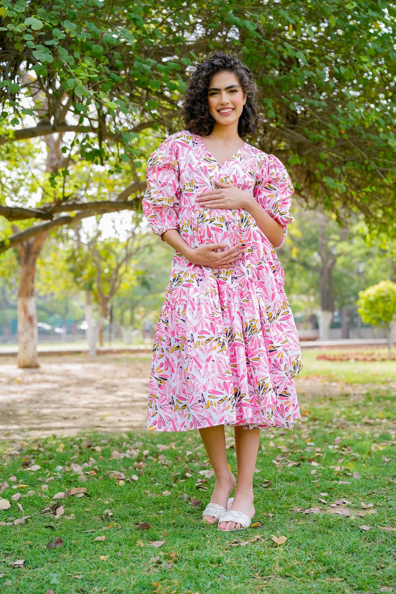 Pleasing Ivory Pinky Blossom Maternity & Nursing Frill Wrap Dress (100% Cotton) - Chenance