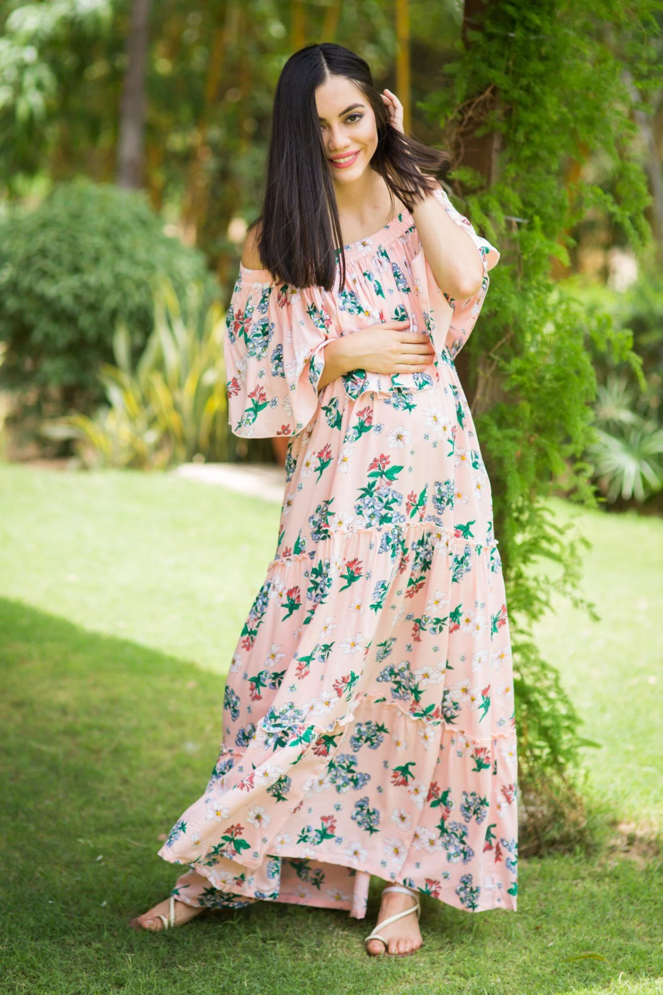 Rose Peach Off-Shoulder Maternity Maxi - Chenance