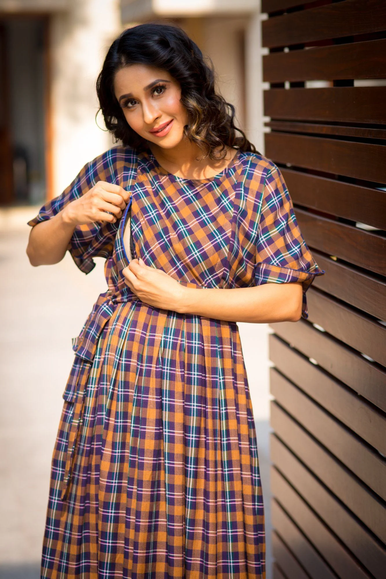 Luxe Chocolate Brown Plaid Maternity & Nursing Maxi - Chenance