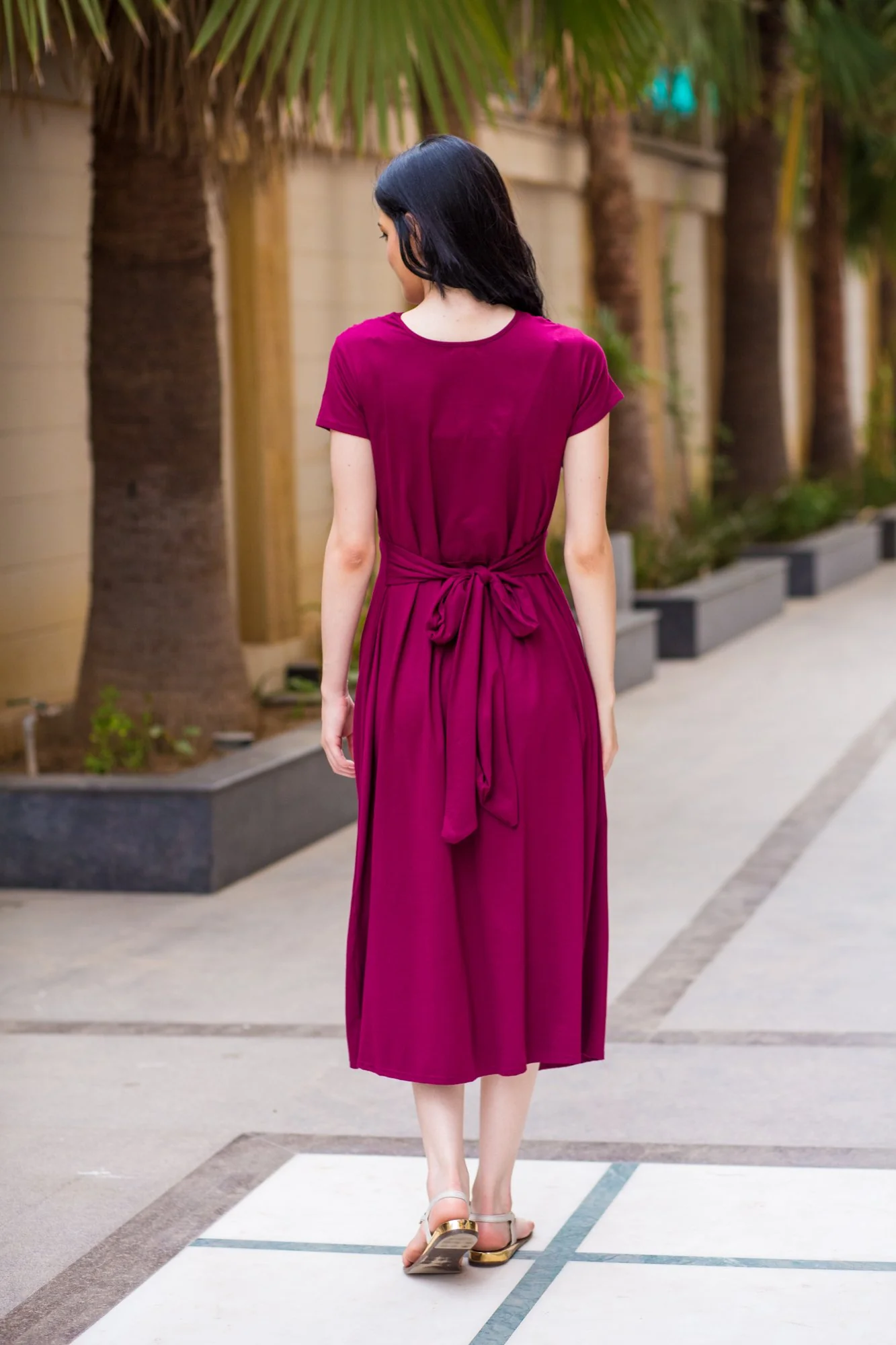 Maroon Berry Front Knot Lycra Maternity Dress - Chenance