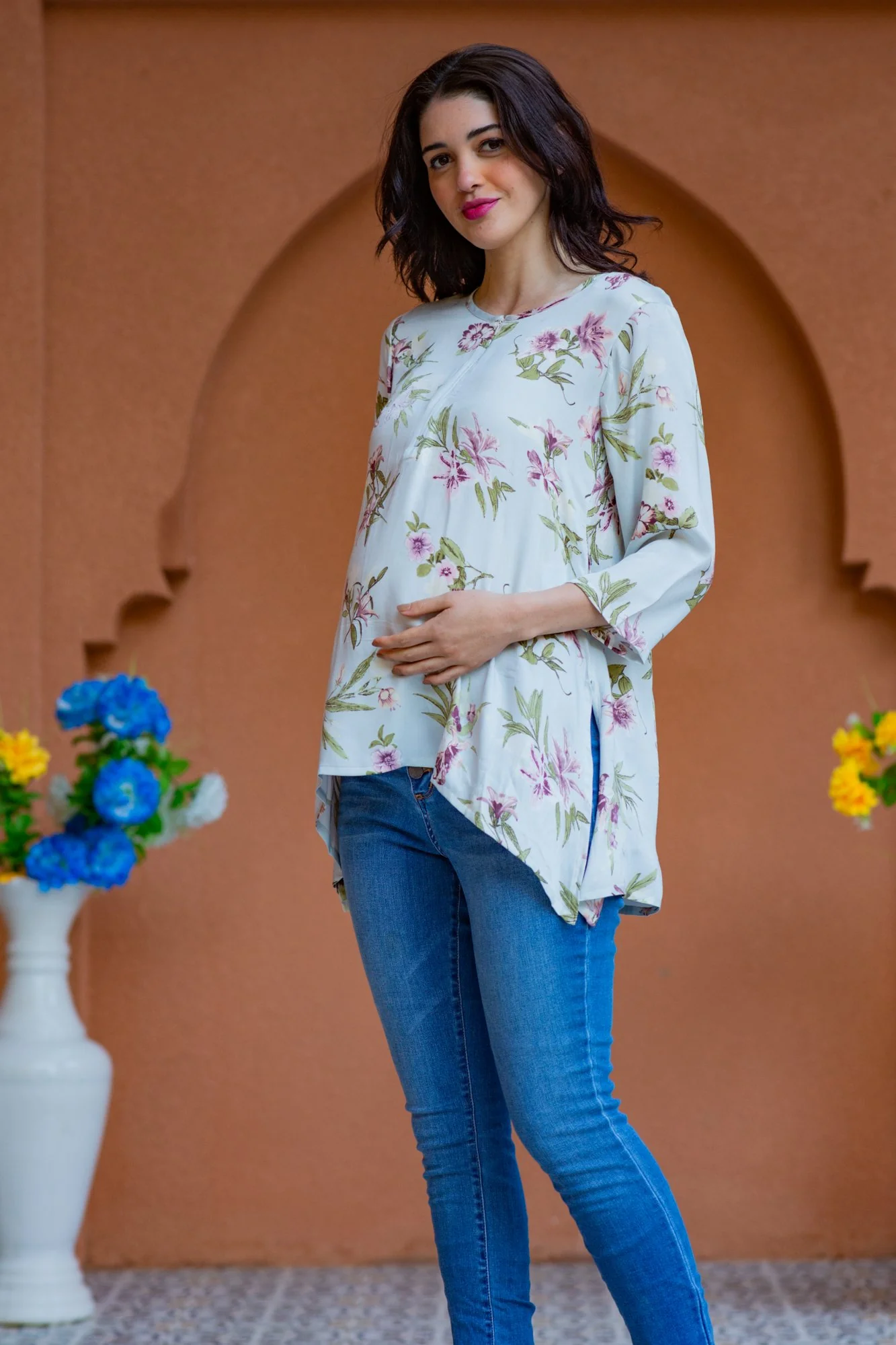 Mint Floral Viscose Maternity & Nursing Top - Chenance