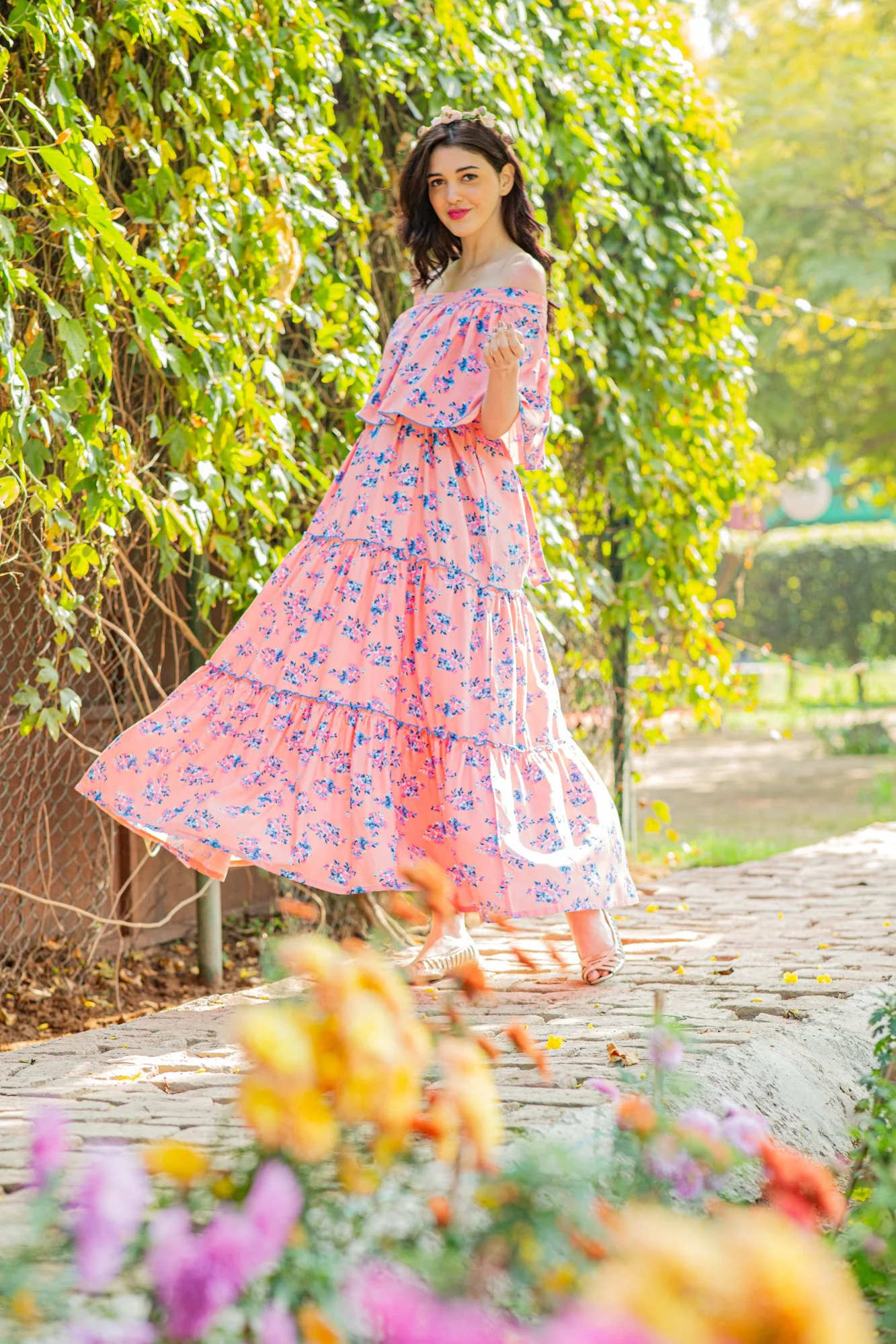 Botanical Pink Off-Shoulder Maternity Maxi Dress - Chenance