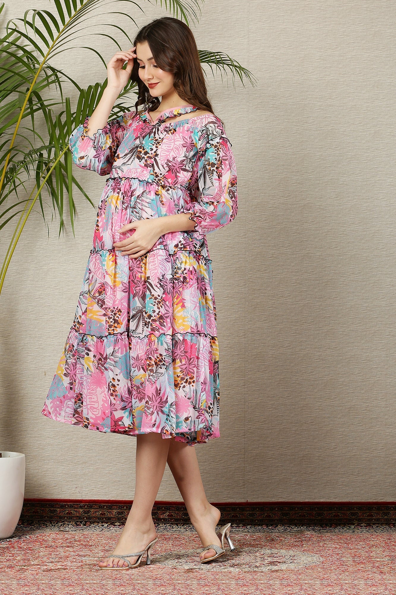 Cascading Retro Leafy Pink Halter Maternity & Nursing Frill Dress - Chenance