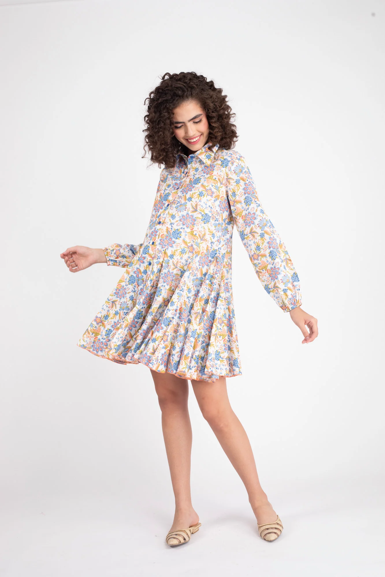 Blue Blossom Maternity & Nursing Frill Shirt Dress (100% Cotton) - Chenance