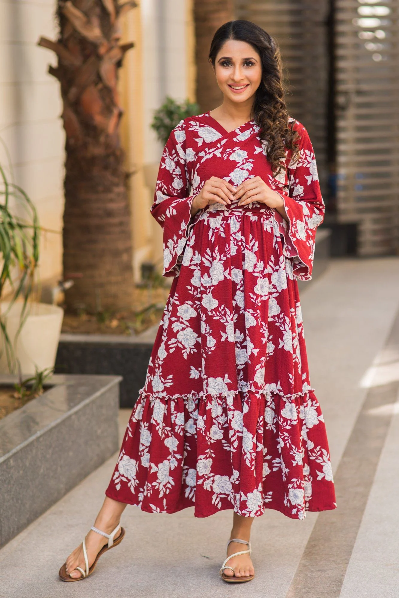 Burgundy Floral Frill Bubble Georgette Maternity & Nursing Wrap Dress - Chenance