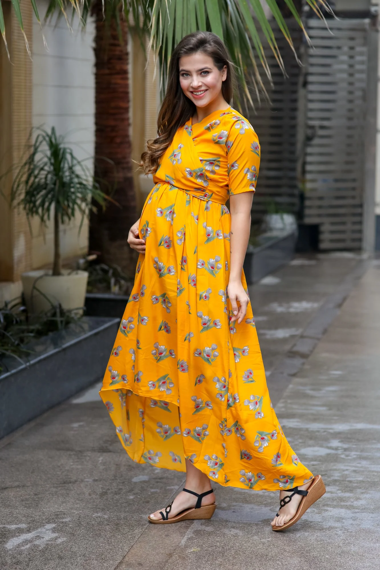 Marigold Yellow Hi-Low Maternity & Nursing Wrap Dress - Chenance
