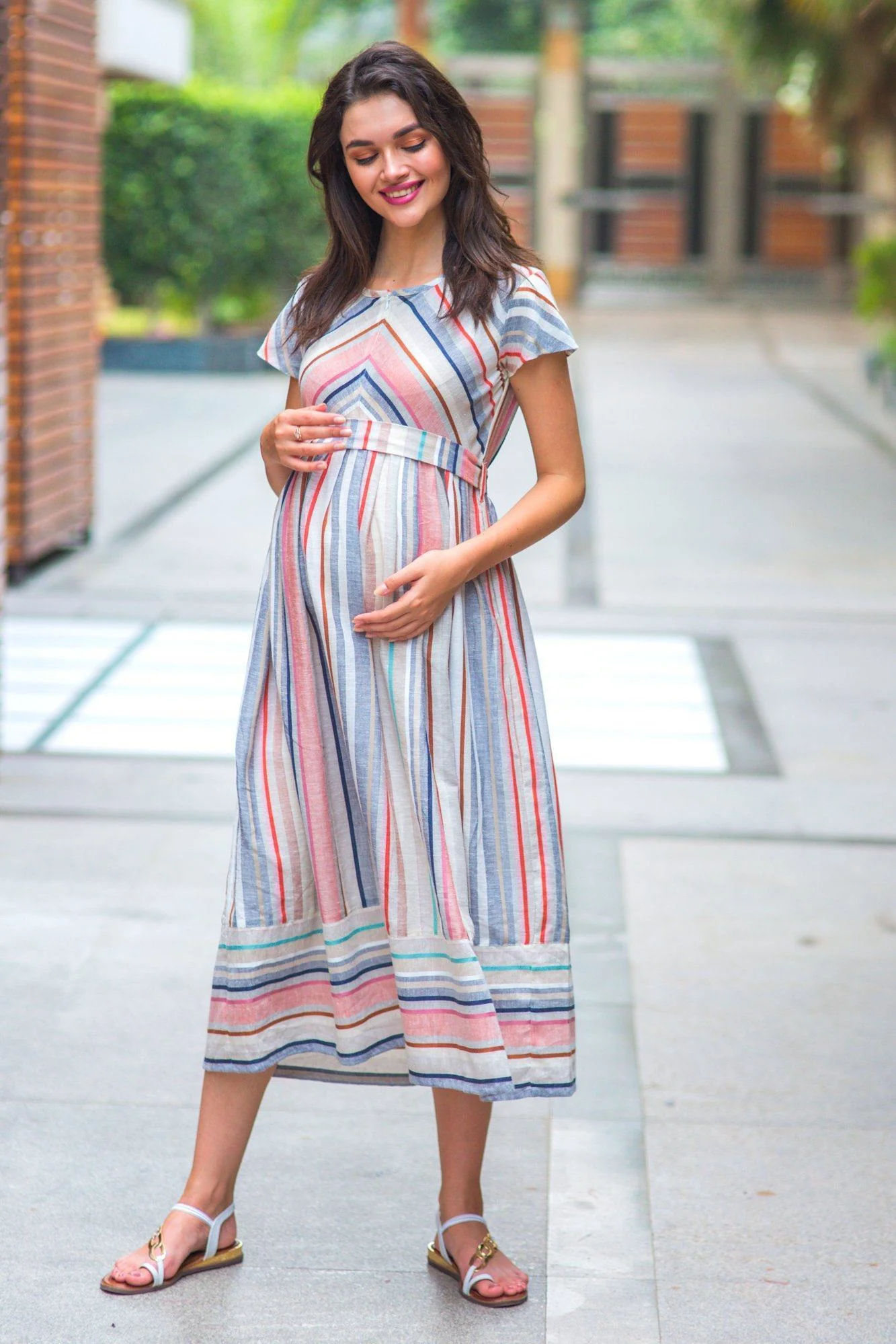 Abstract Striped Linen Maternity & Nursing Dress - Chenance