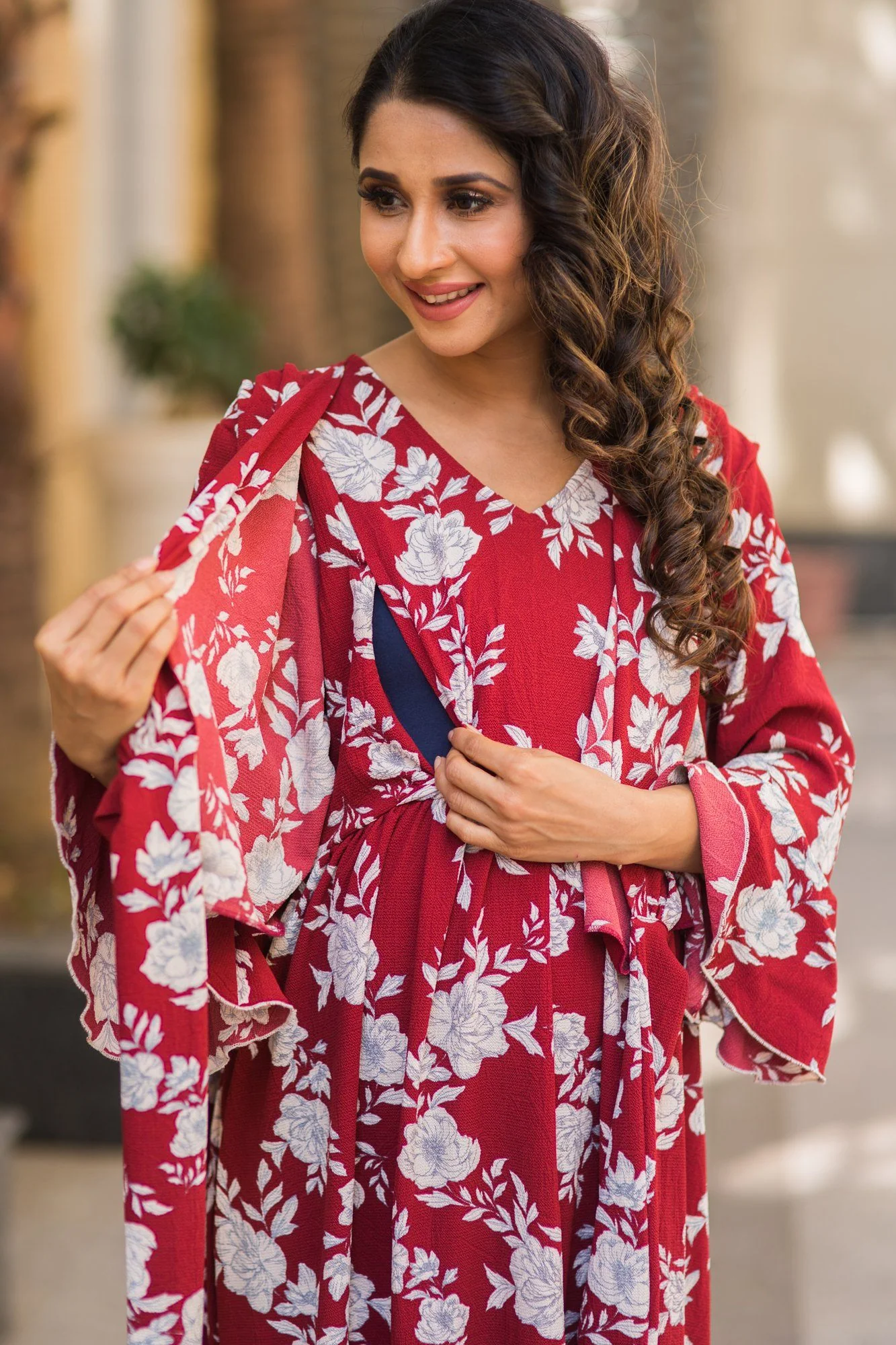 Burgundy Floral Frill Bubble Georgette Maternity & Nursing Wrap Dress - Chenance