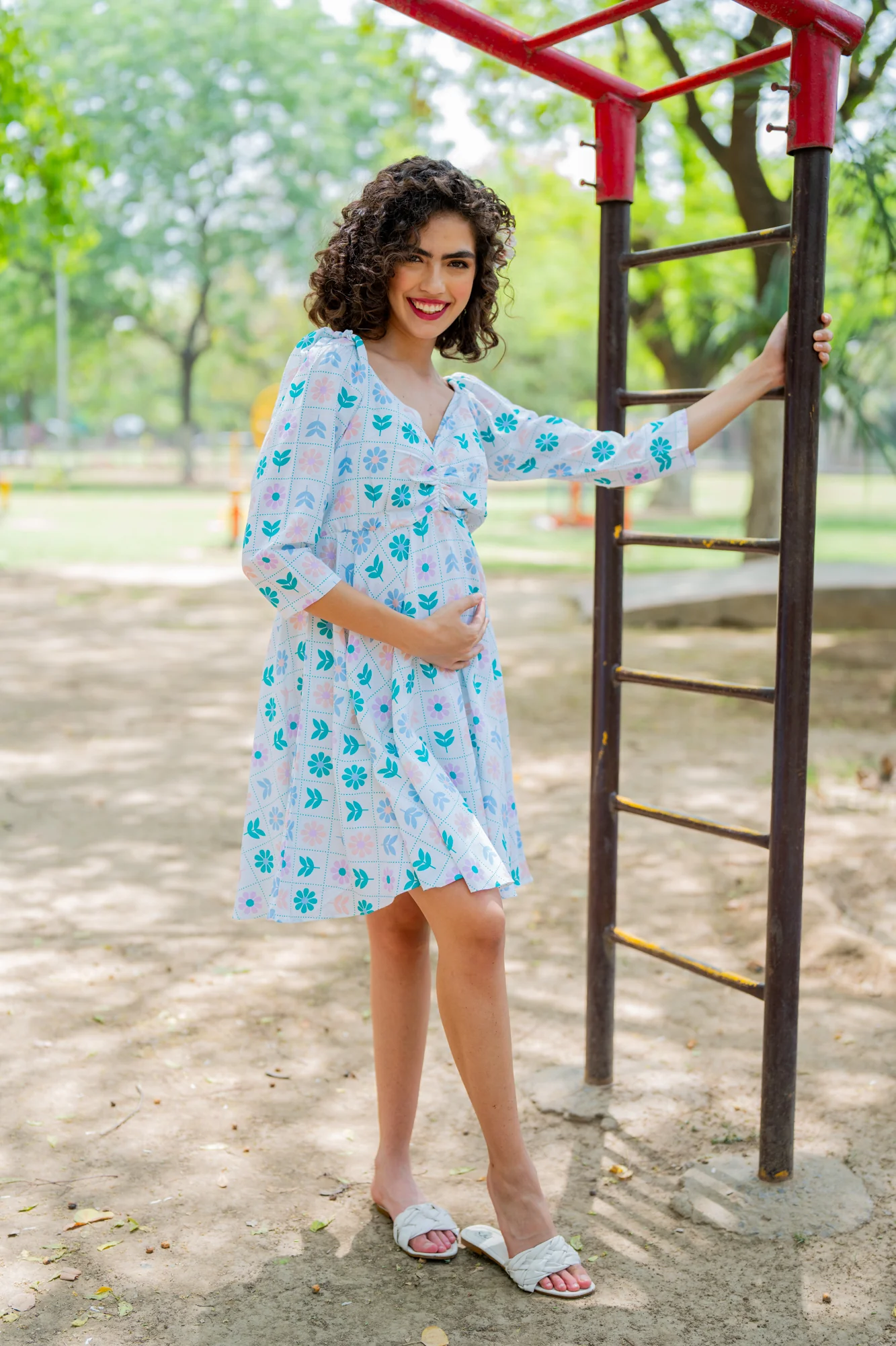 Soothing White Check Floral Maternity Knee Dress (100% Cotton) - Chenance