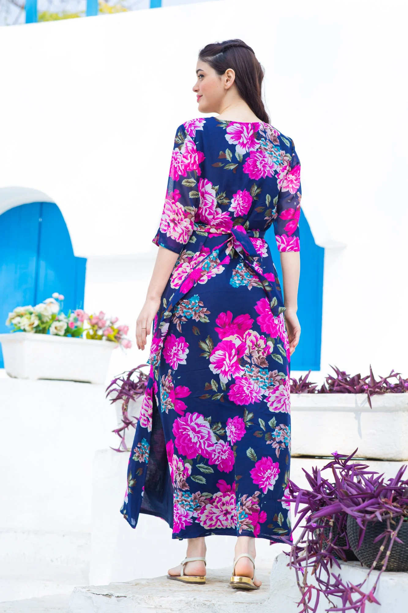 Blue Floral Side Slit Maternity & Feeding Dress - Chenance