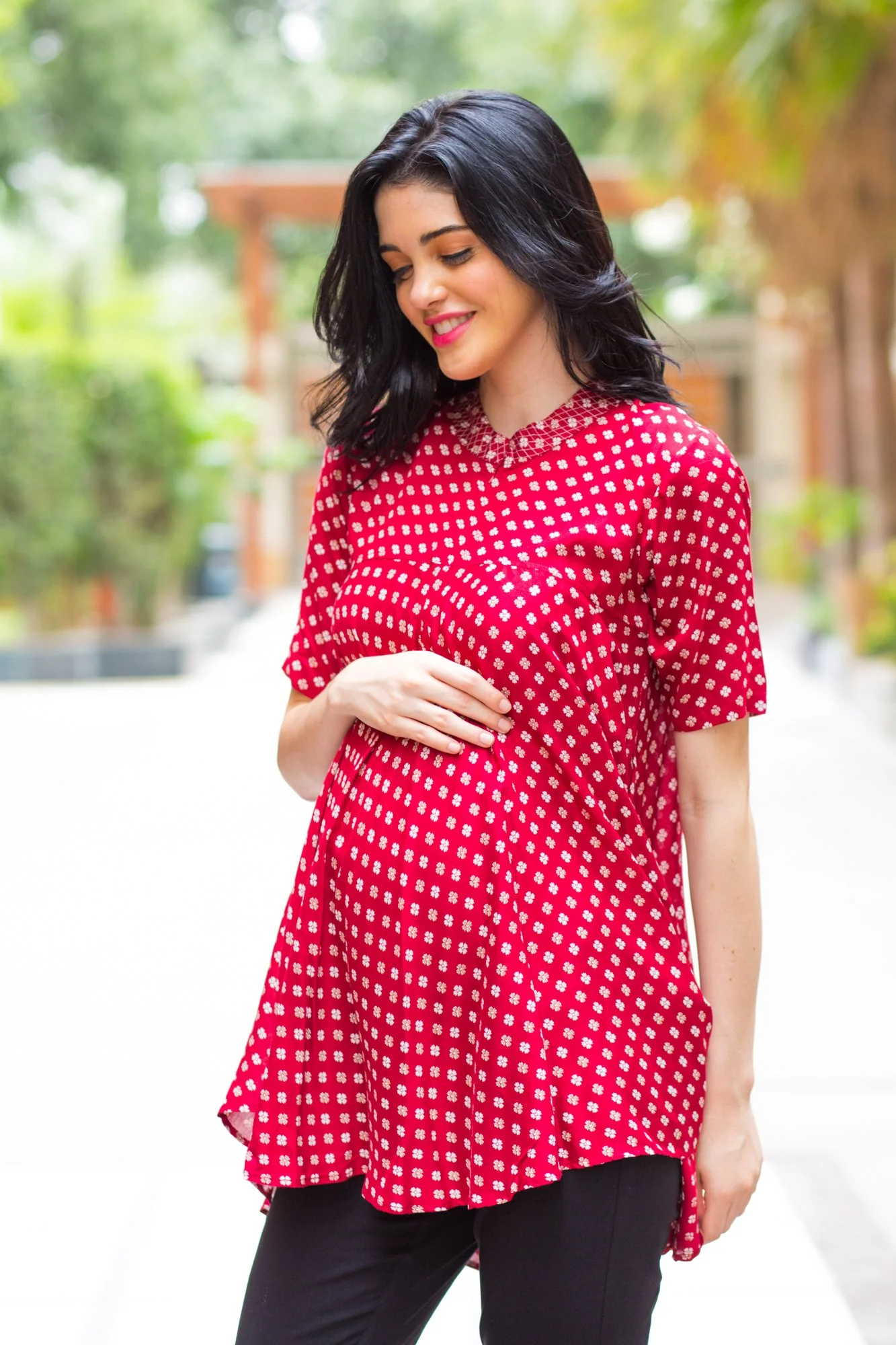 Maroon Geo Flowing Maternity & Nursing Top - Chenance