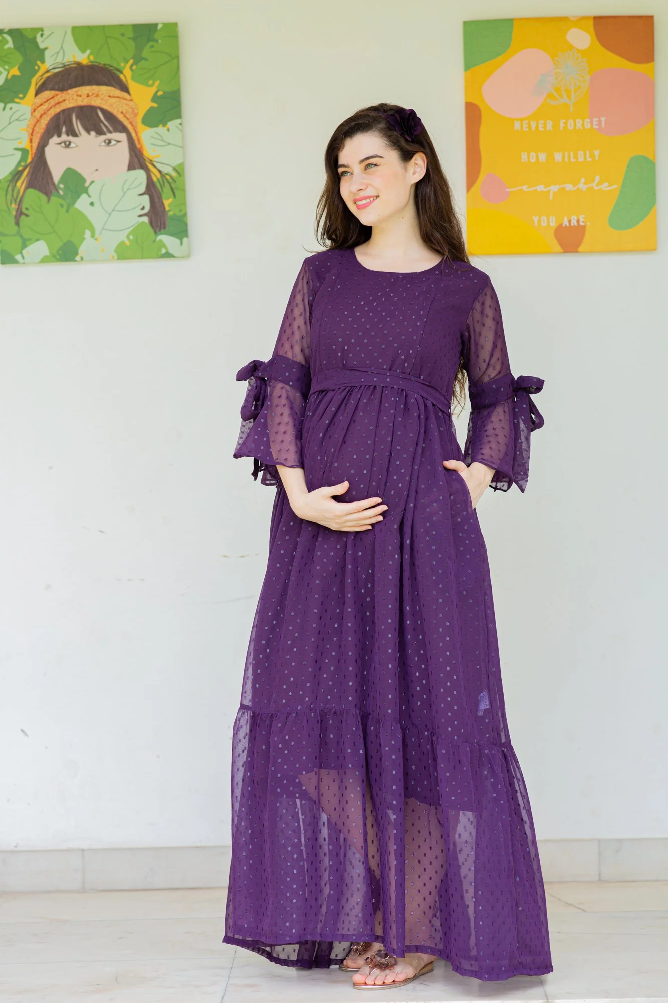Brinjal Purple Maternity & Nursing Frill Dress - Chenance