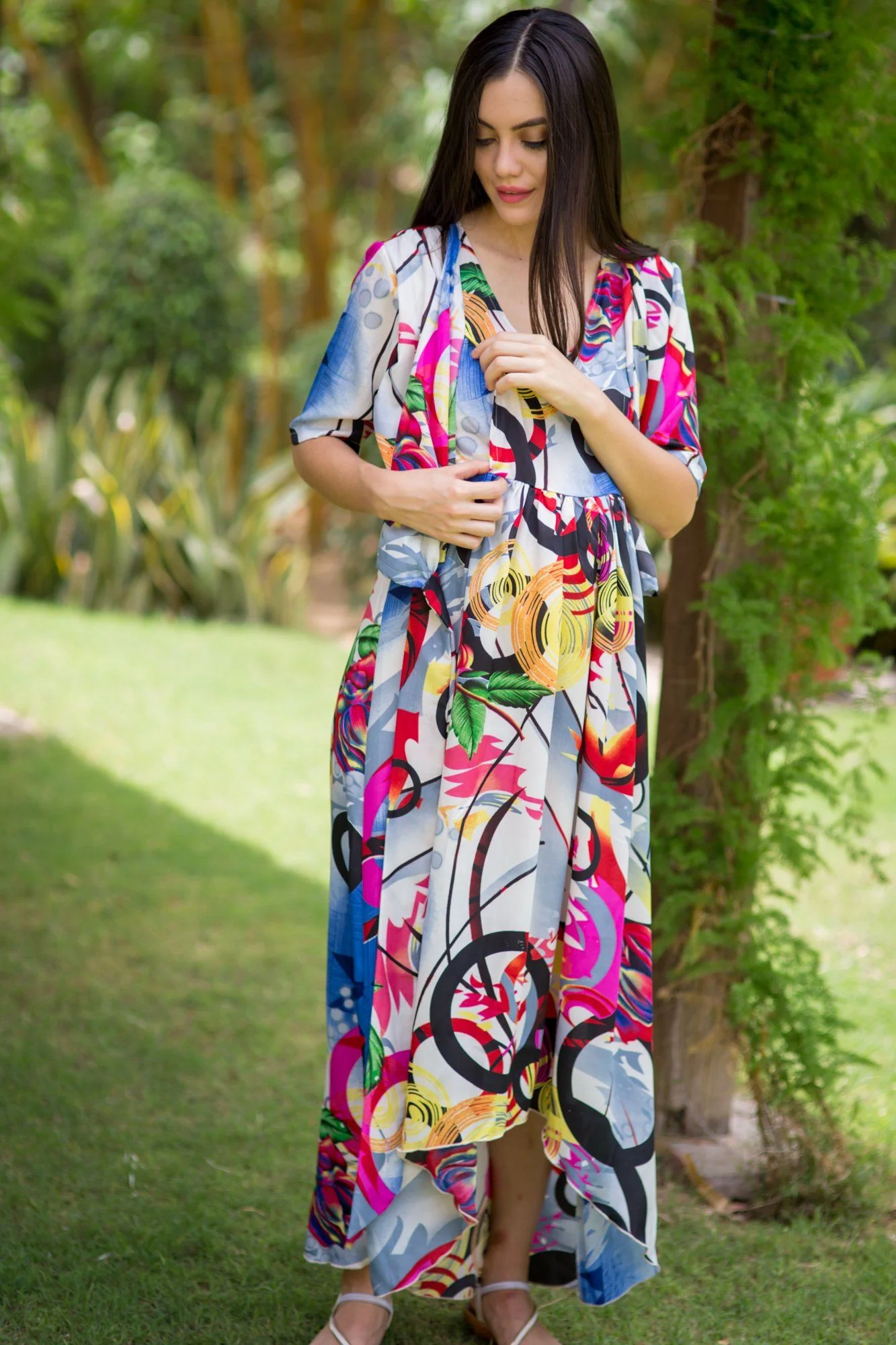 Abstract Printed High-Low Maternity & Nursing Wrap Dress - Chenance