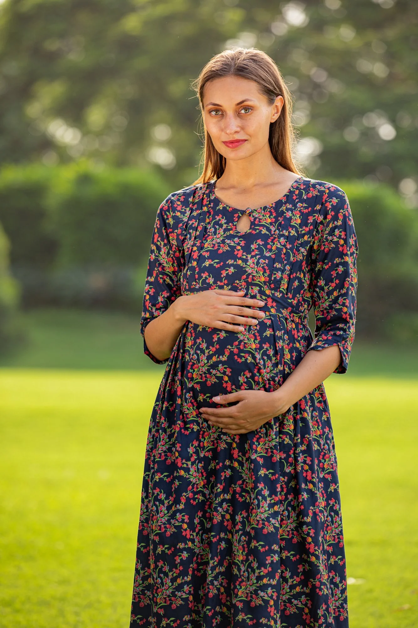 Midnight Bloom Side Slit Maternity & Nursing Dress - Chenance
