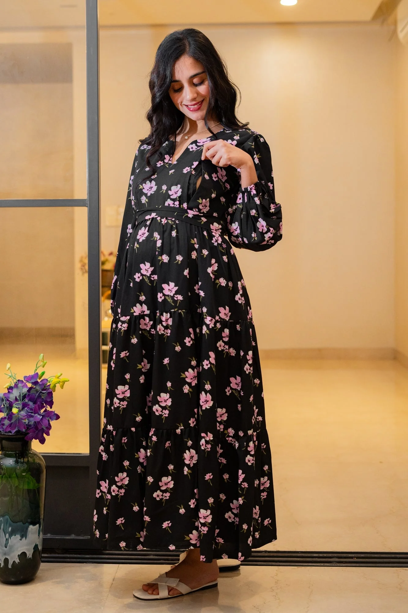 Eden Classic Black Bloom Maternity & Nursing Layered Dress - Chenance