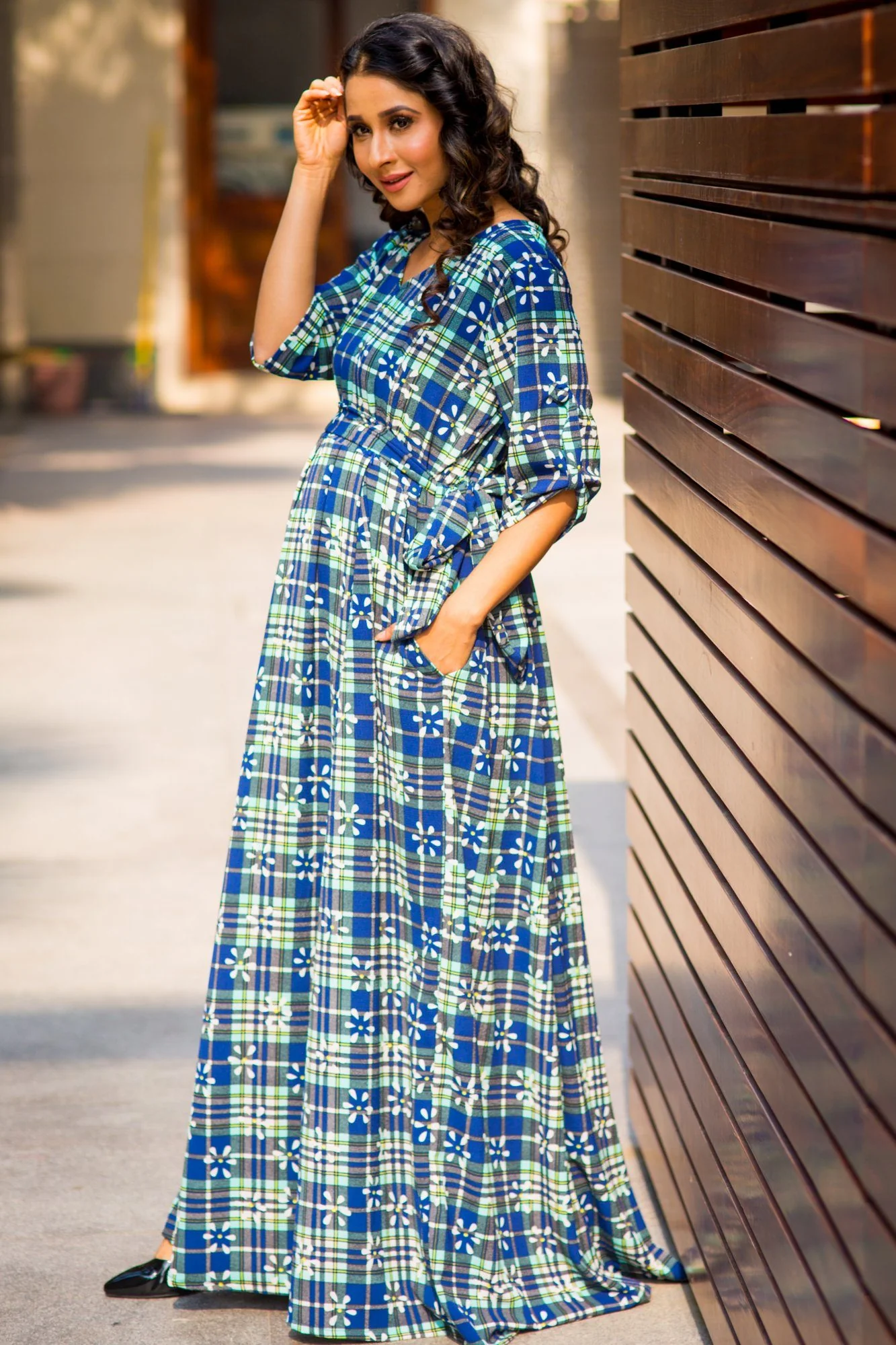 Mint Blossom Check Concealed Zips Maternity & Nursing Maxi Dress - Chenance