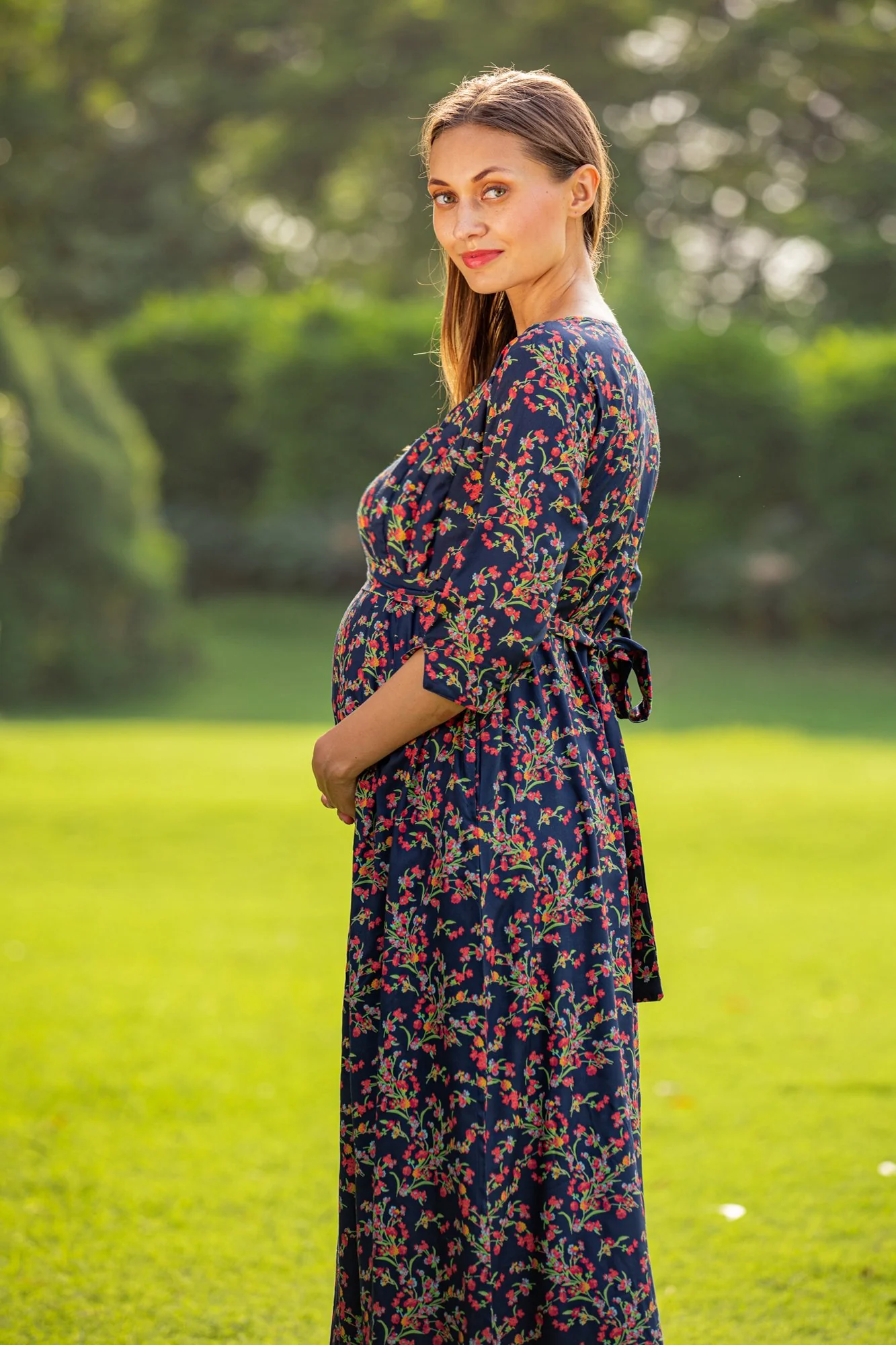 Midnight Bloom Side Slit Maternity & Nursing Dress - Chenance