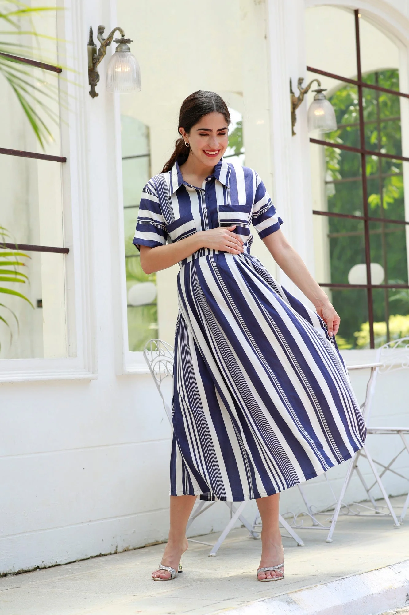 Breezy Navy Blue Striped Maternity & Nursing Dress - Chenance
