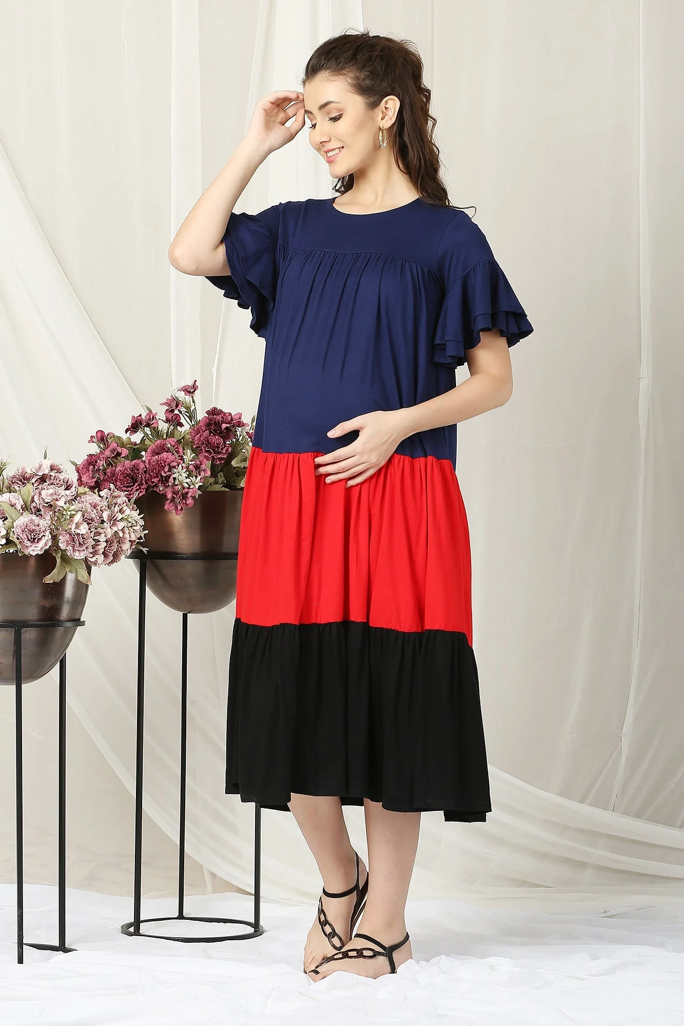 Charming Easy Breezy Blue & Red Layered Maternity Dress - Chenance