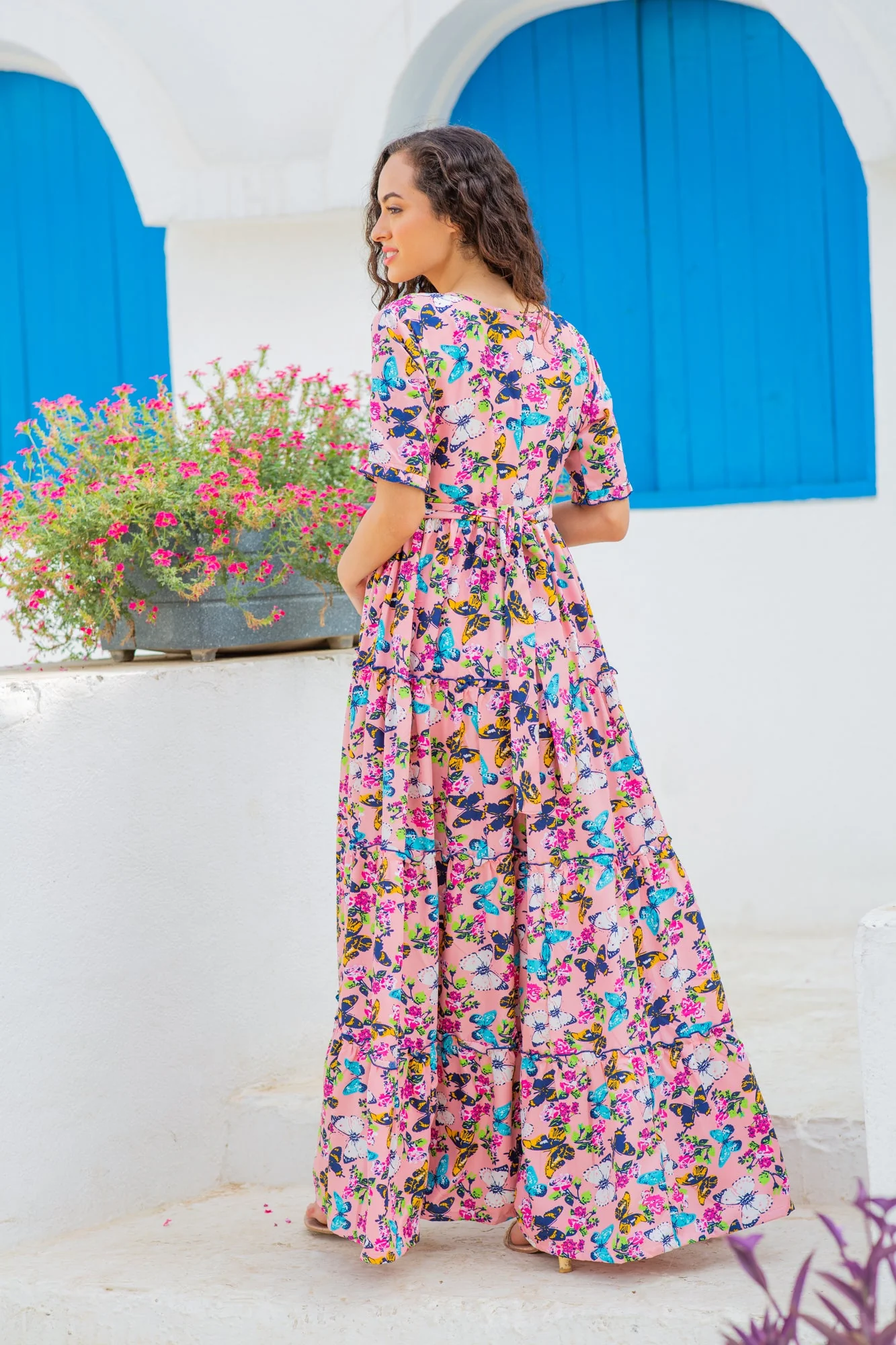 Jolly Butterflying Pink Multilayer Frill Single Concealed Zip Maternity & Nursing Dress - Chenance