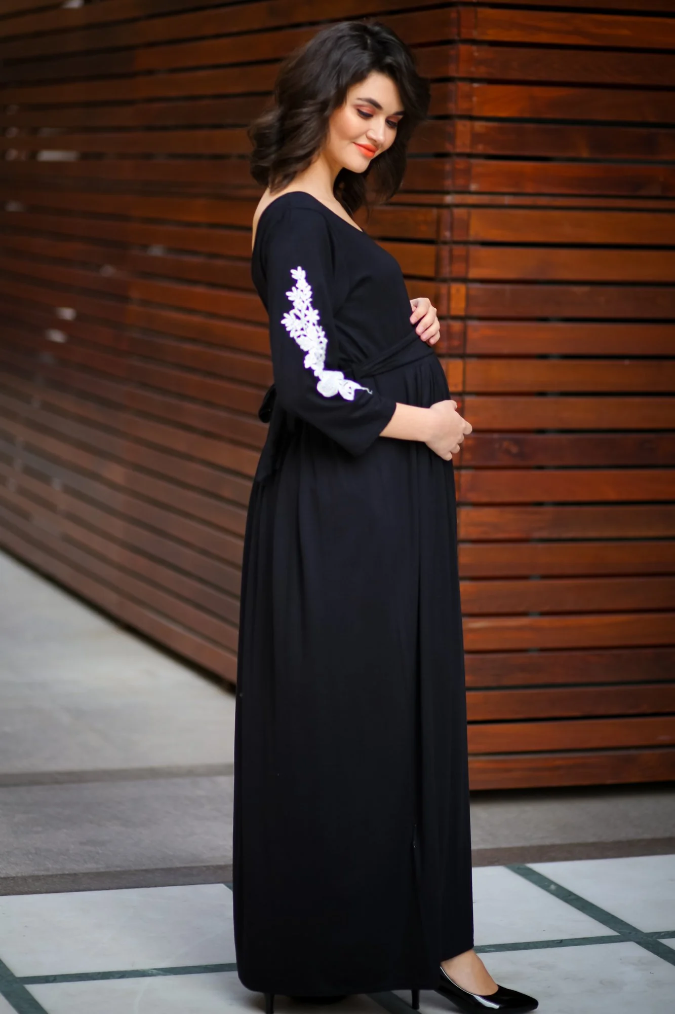 Premium Black Lycra Crochet Sleeves Maternity Dress - Chenance