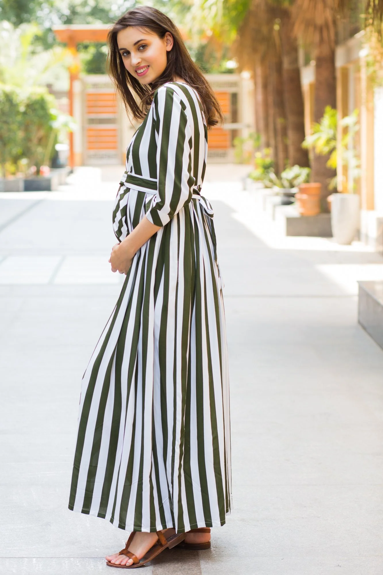 Olive Striped Maternity & Nursing Dress - Chenance