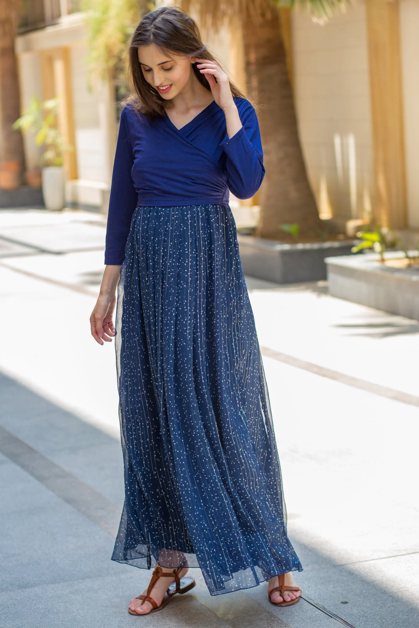 Luxe Blue Chiffon Navy Maternity & Nursing Wrap Dress - Chenance