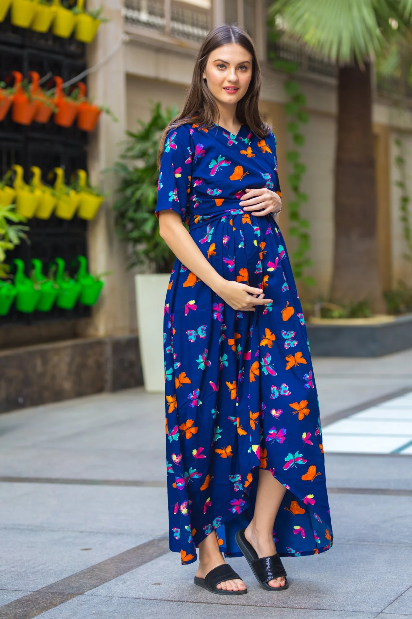 Midnight butterfly High-Low Maternity & Nursing Wrap Dress - Chenance