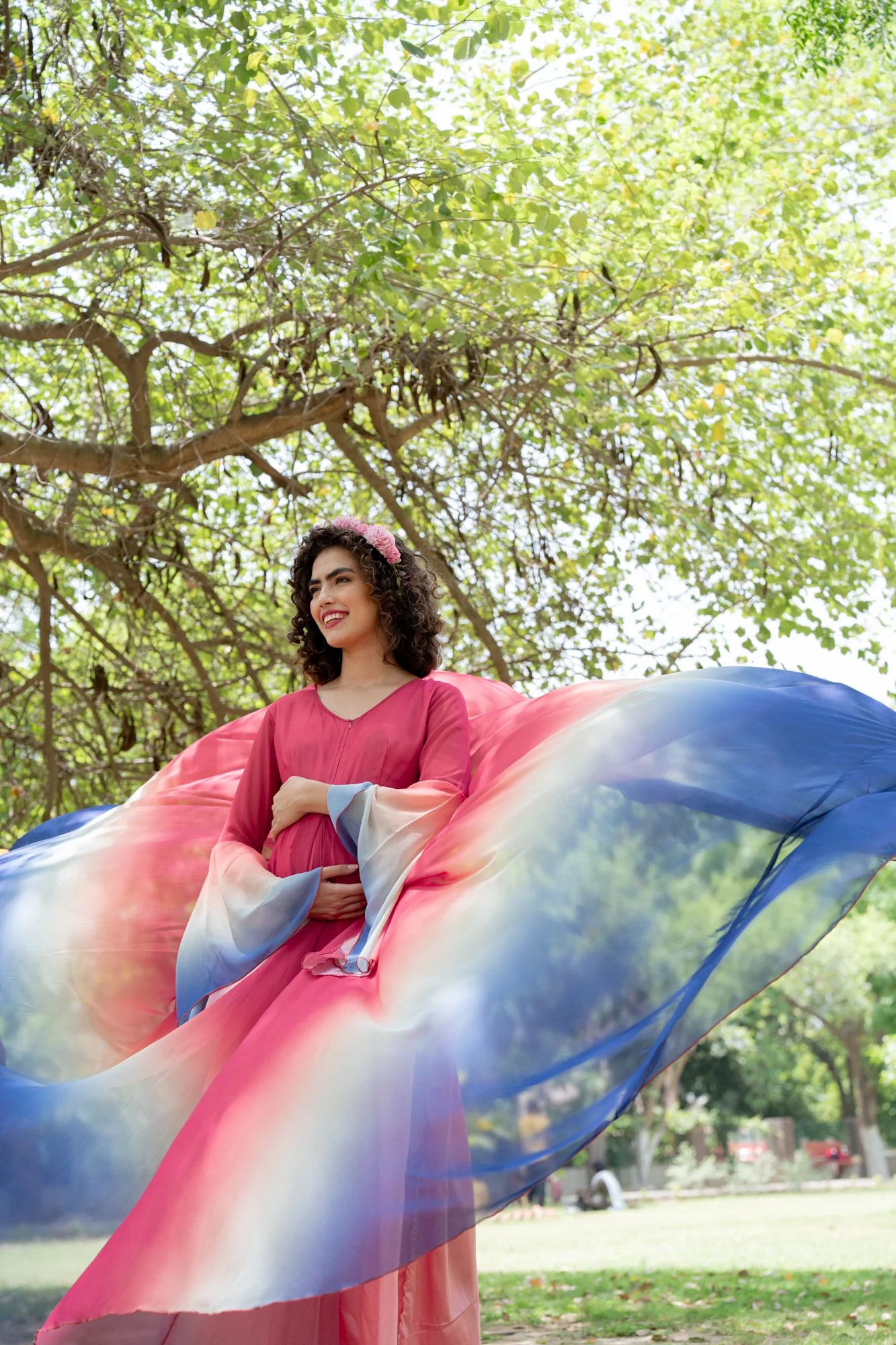 Luxe Pleasing Raspberry Blue Maternity & Nursing Flair Photoshoot Gown - Chenance