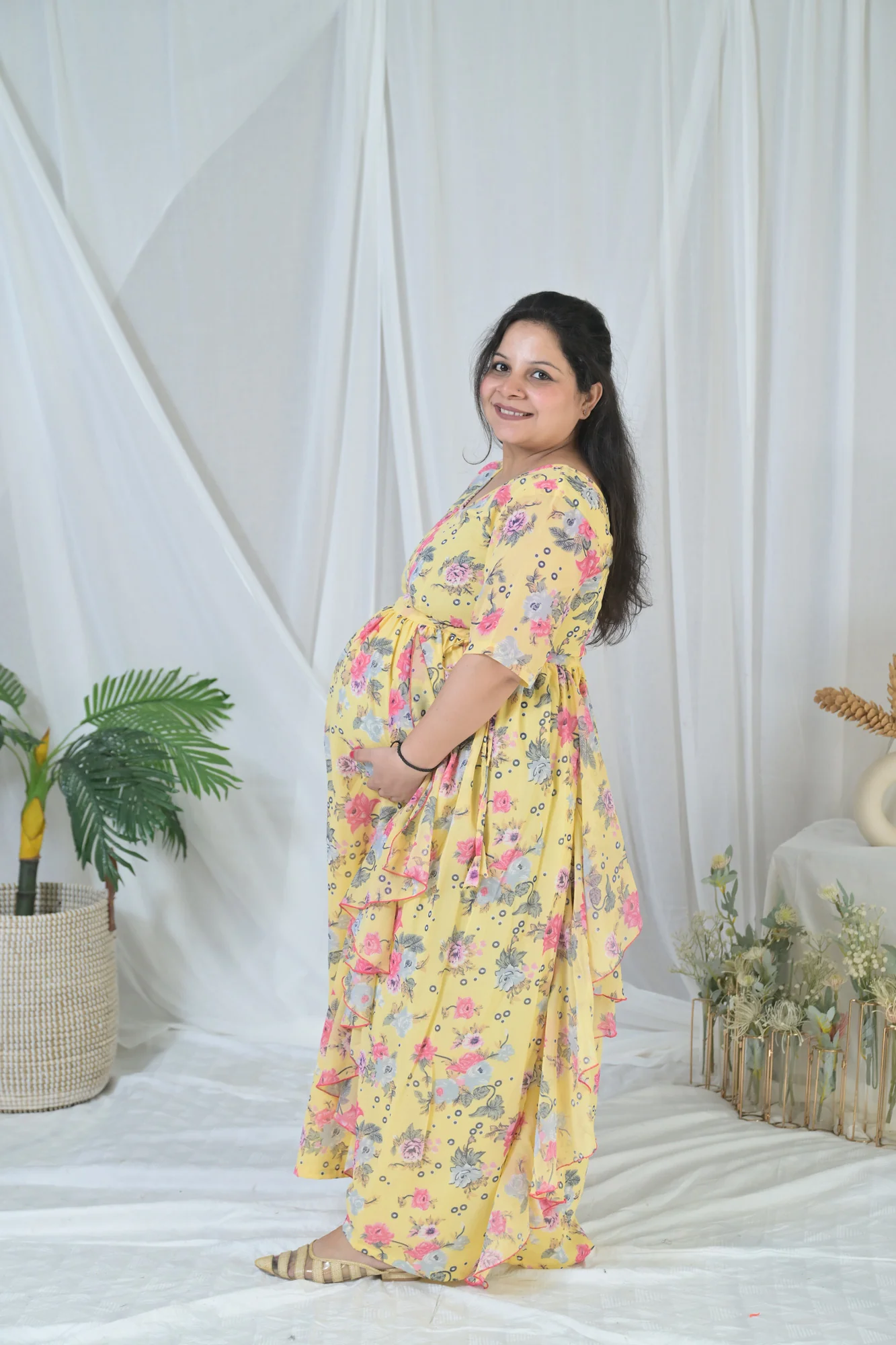 Happy Floral Yellow Maternity & Nursing Flow Dress - Chenance