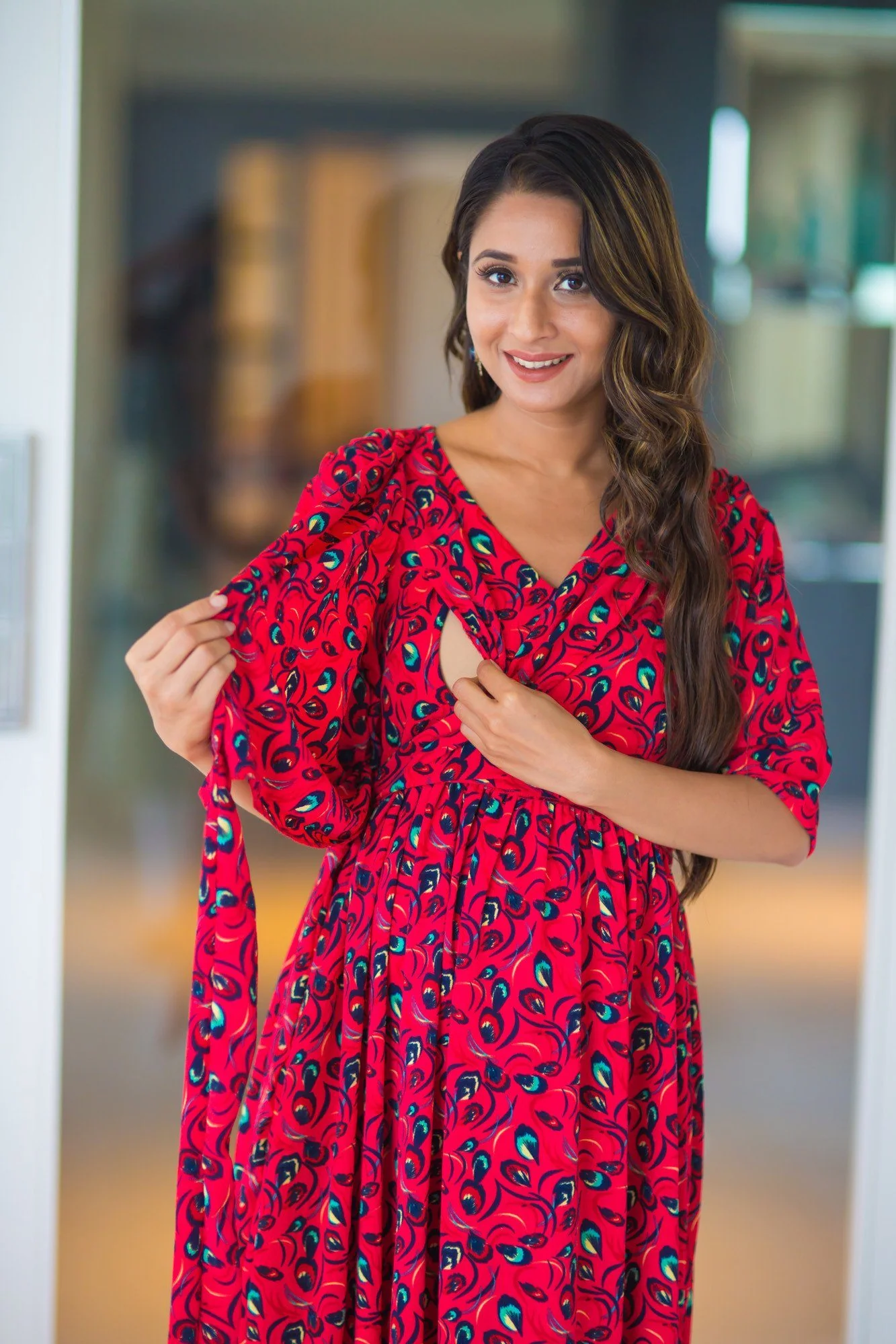 Bubble Crepe Chic Red Maternity & Nursing Wrap Dress - Chenance