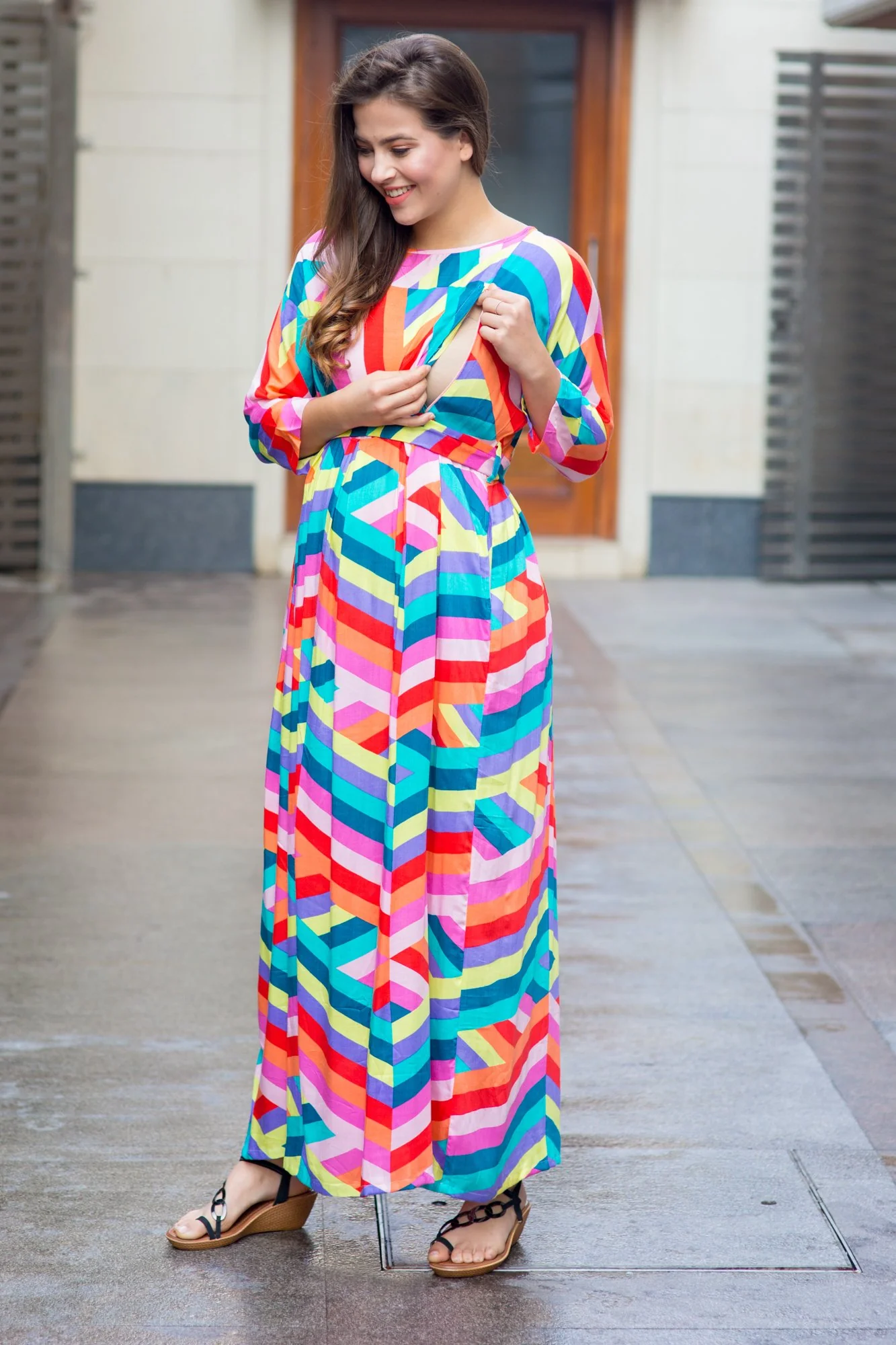 Abstract Rainbow Maternity & Nursing Maxi Dress - Chenance