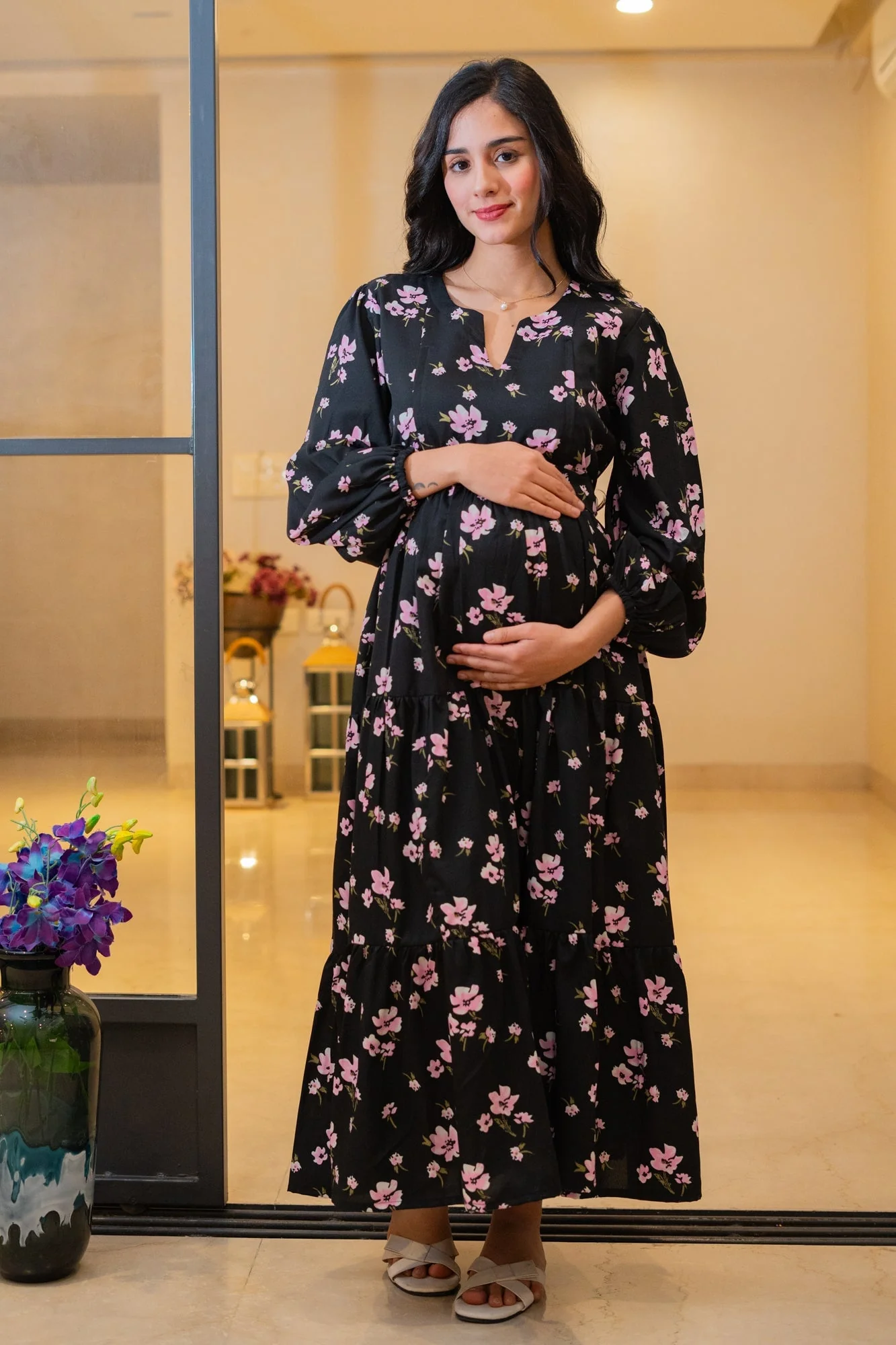 Eden Classic Black Bloom Maternity & Nursing Layered Dress - Chenance