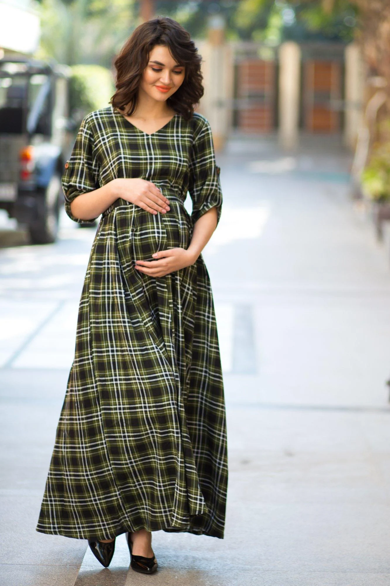 Nautical Pine Green Plaid Maternity & Nursing Maxi Dress - Chenance