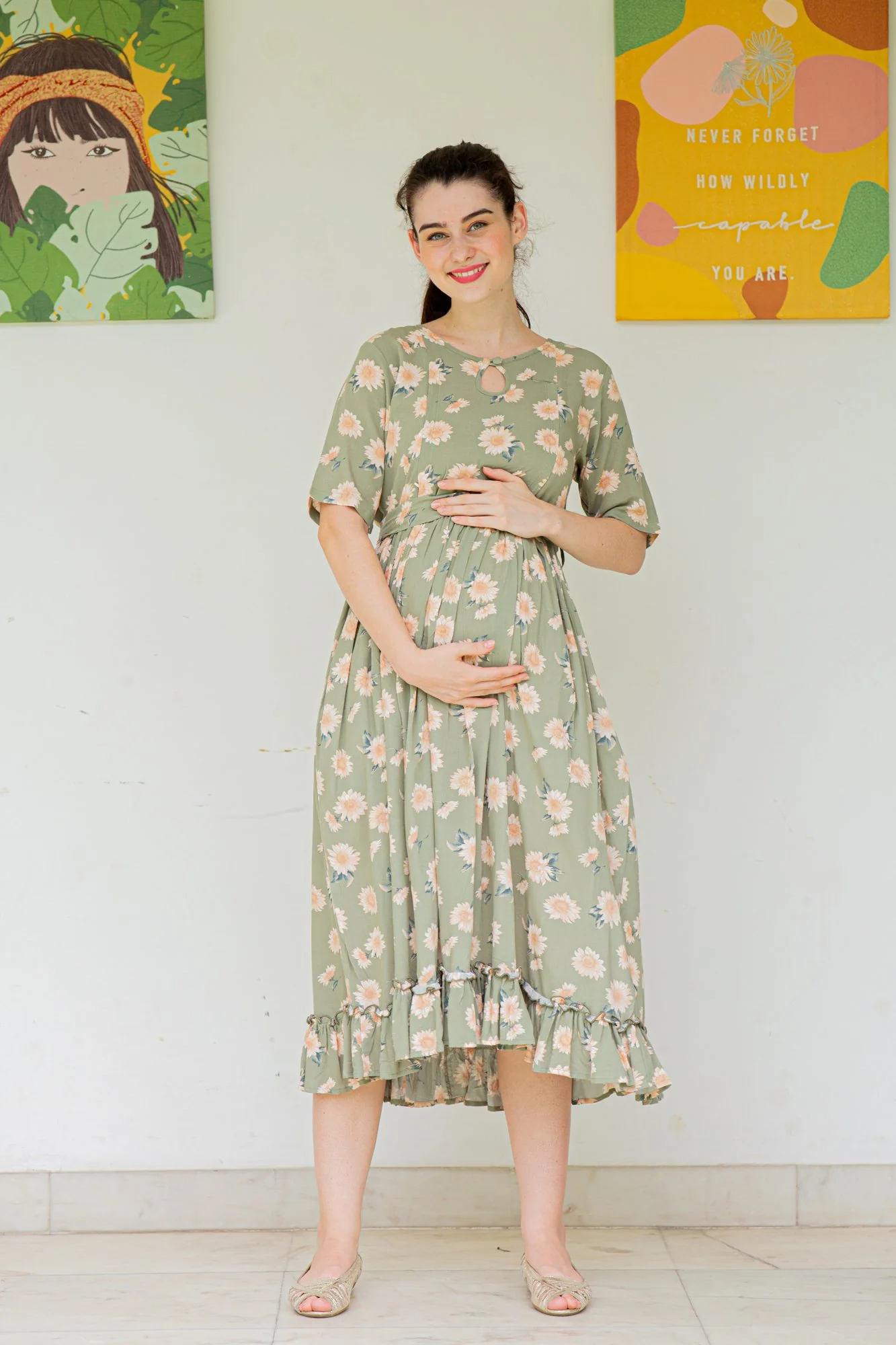 Sage Frill Crepe Concealed Zips Maternity & Nursing Dress - Chenance