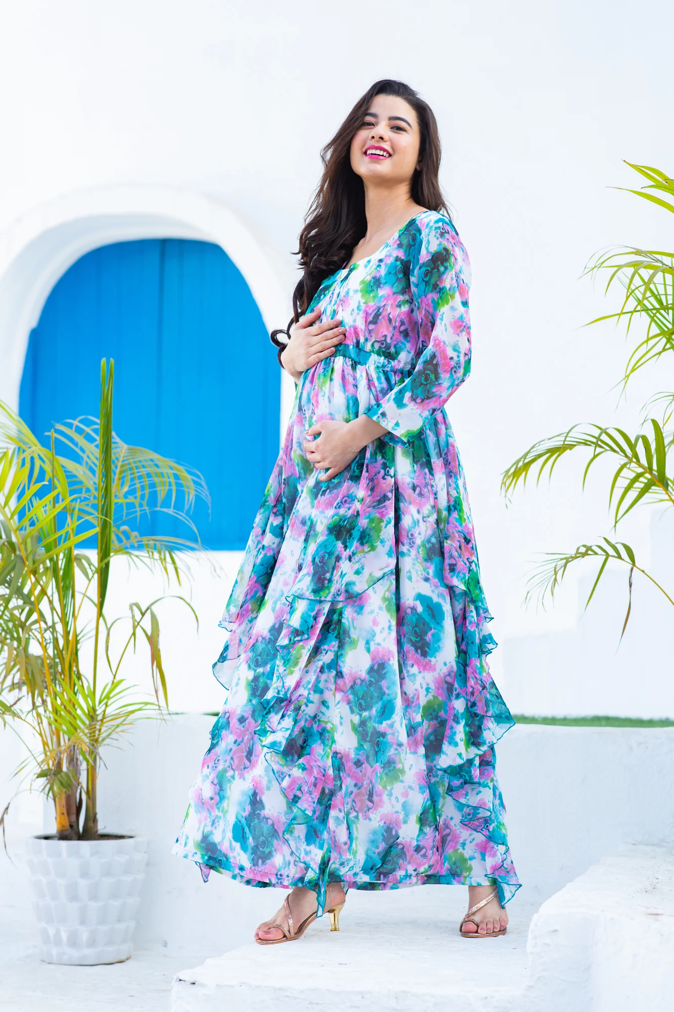 Luxe Vibrant Cascading Floral Maternity & Nursing Flow Dress - Chenance