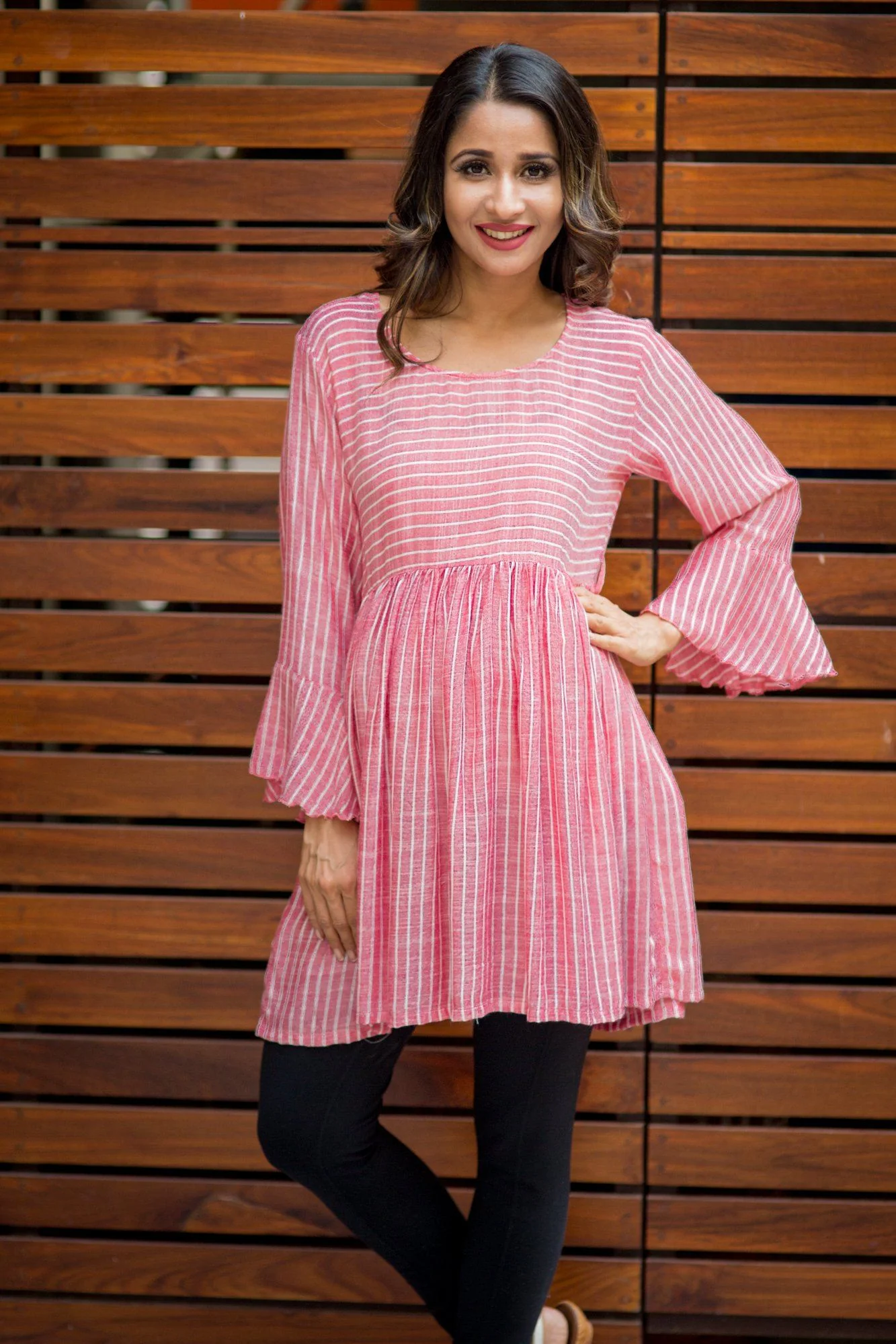 Red Striped Bell Sleeves Gathered Maternity & Nursing Top - Chenance