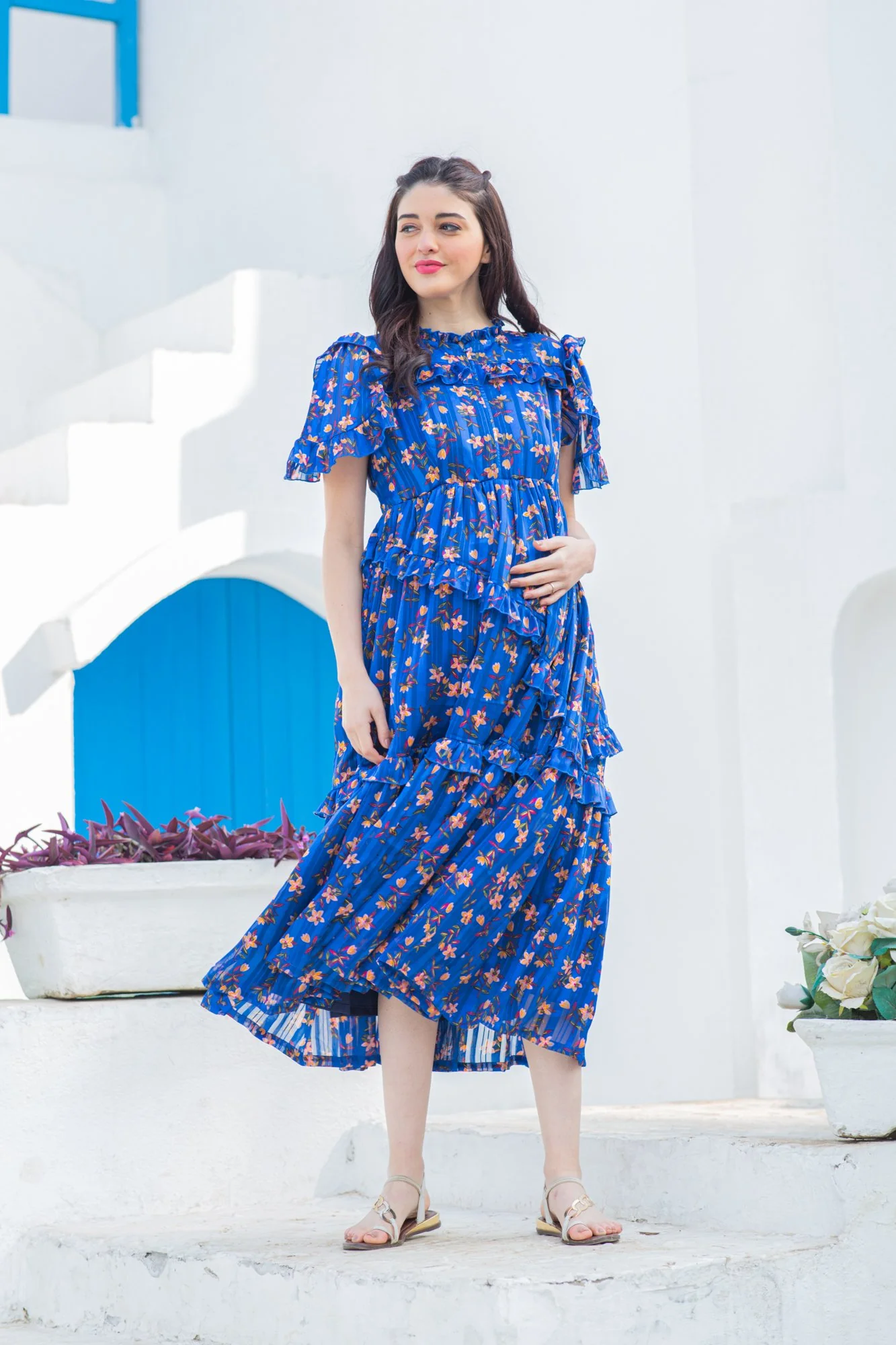 Royal Blue Mist Maternity & Nursing Frill Dress - Chenance