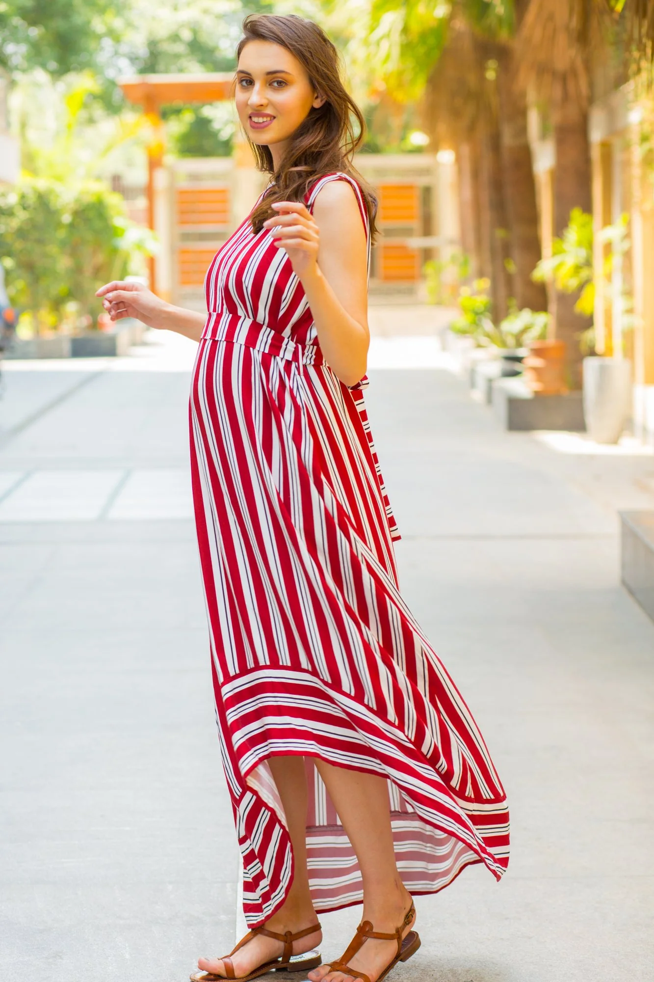 Maroon Striped Front Zip Hi-Low Maternity & Nursing Dress - Chenance