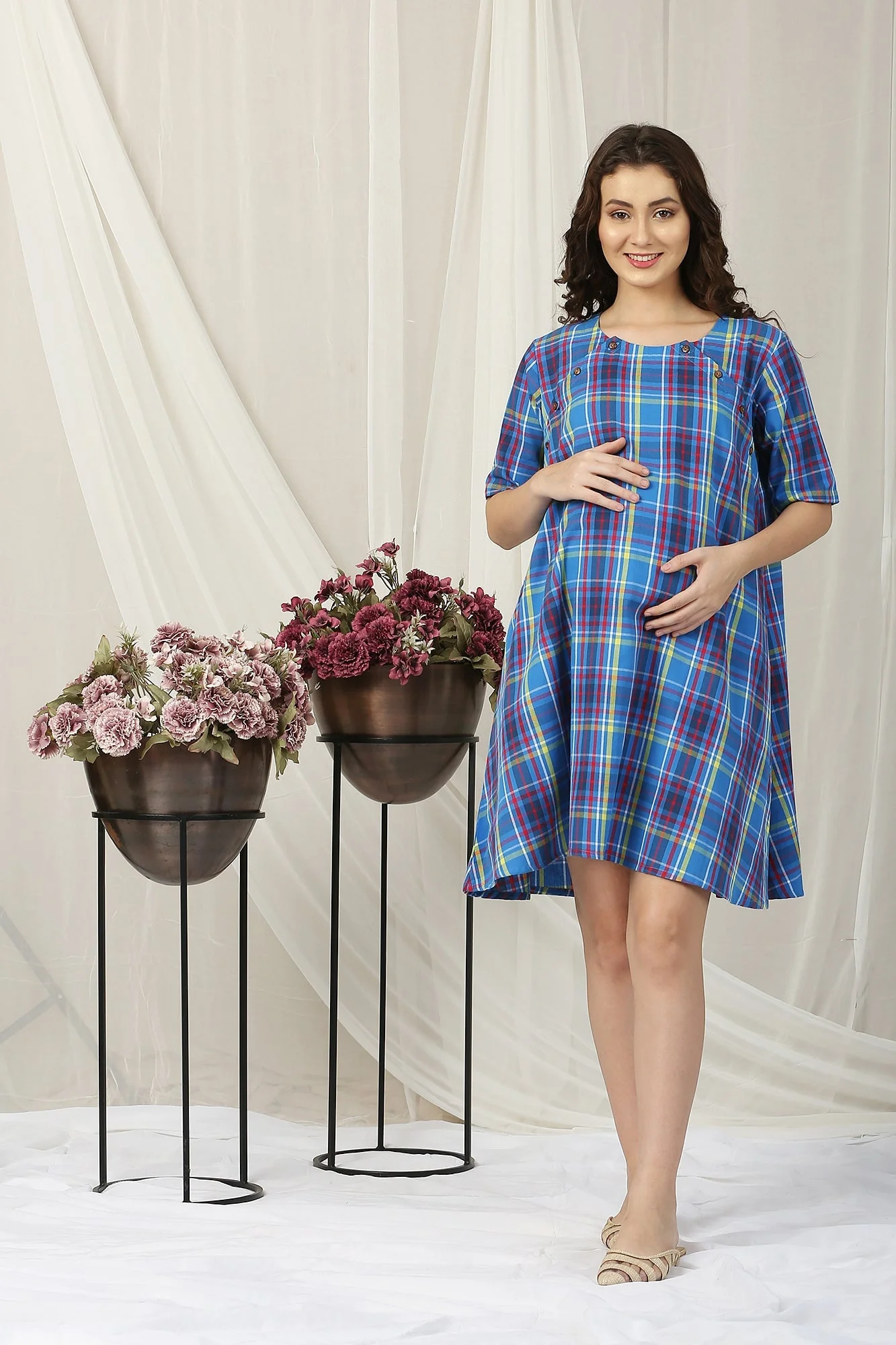 Homey Red Blue Snap Shoulder Maternity & Nursing Night Dress / Delivery Gown/ Lounge Dress - Chenance