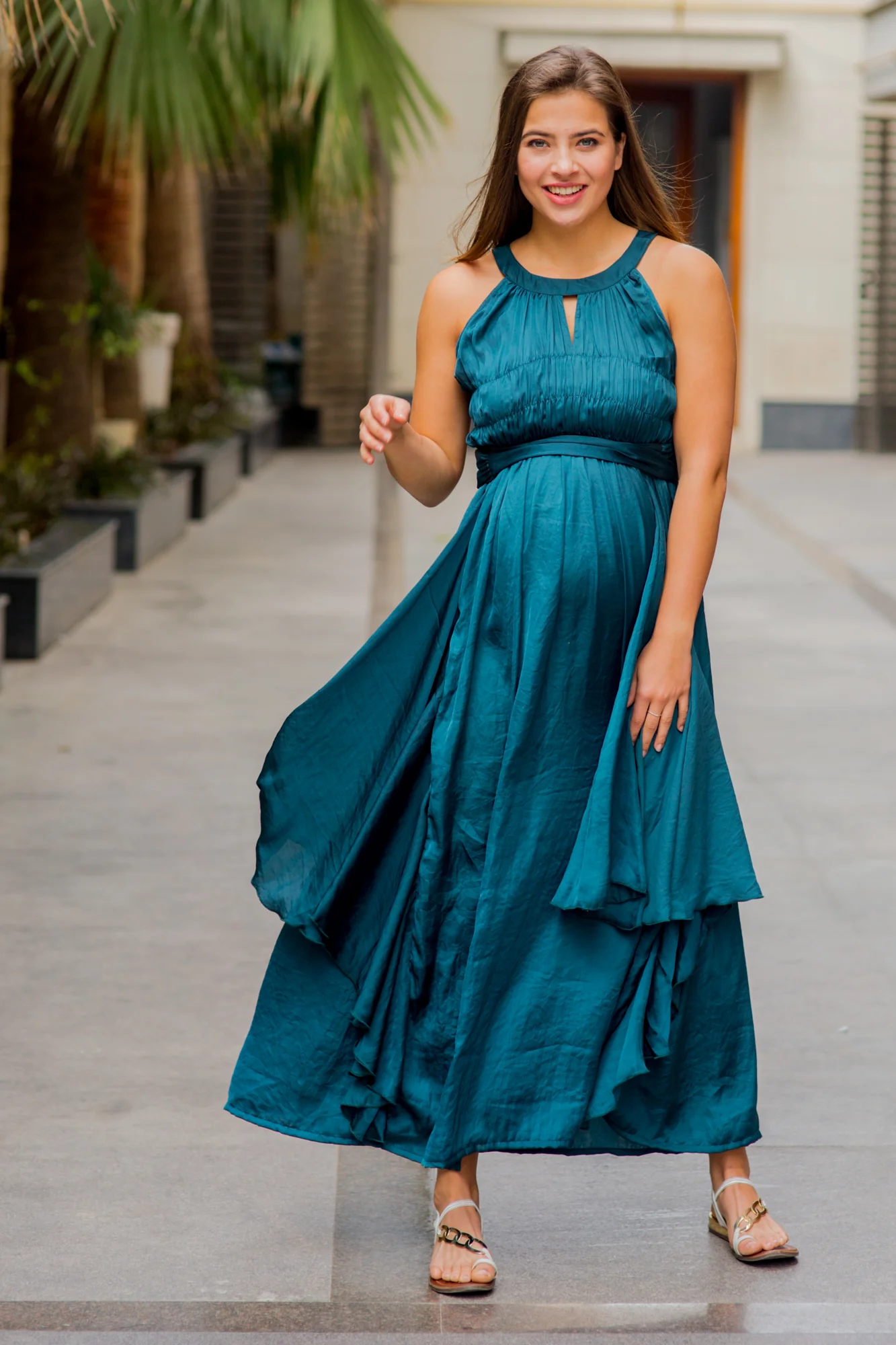 Luxe Teal Ruching Maternity Flow Dress - Chenance