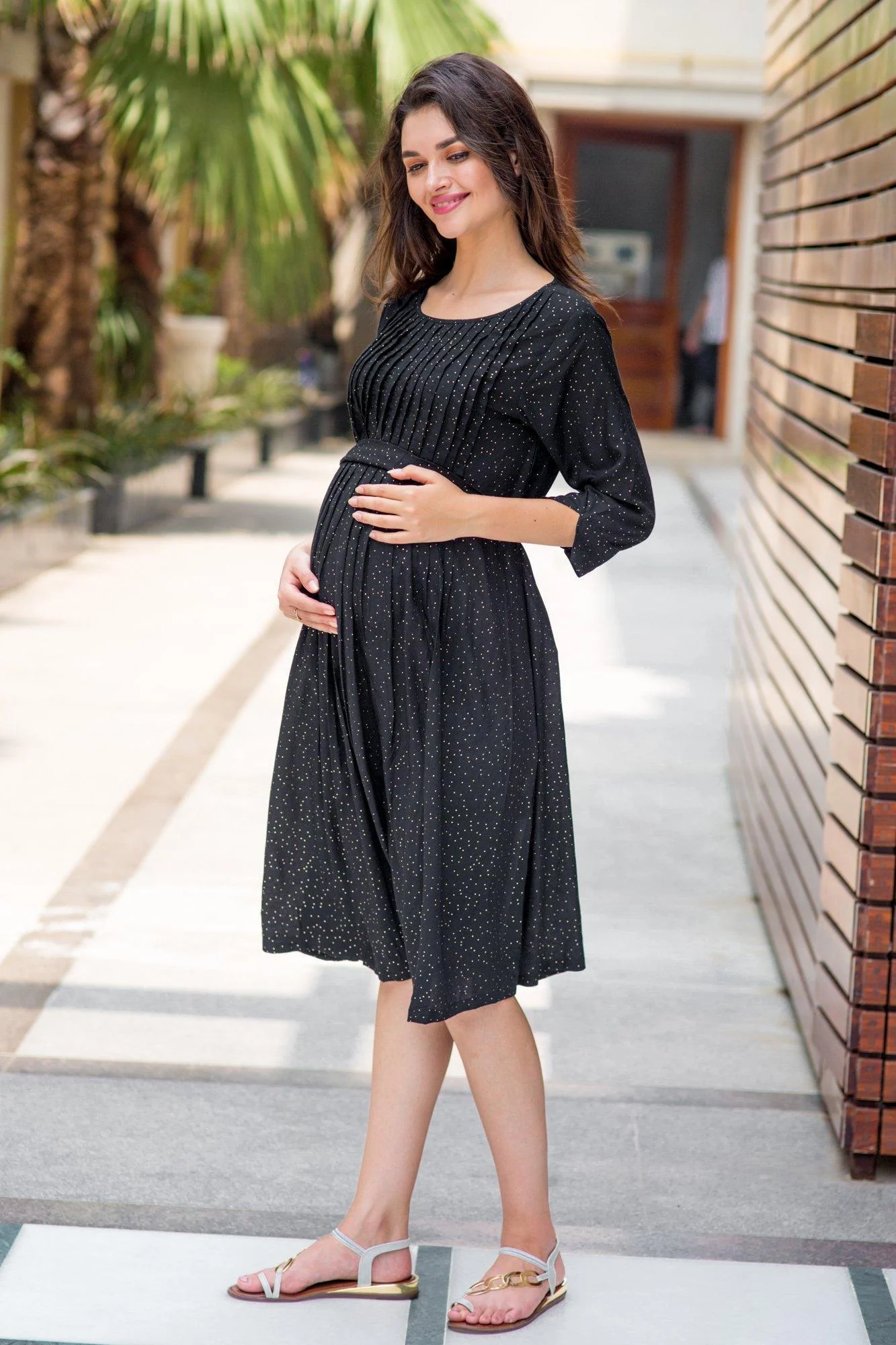 Gold Sprinkle Pleated Maternity & Nursing Kurta Dress - Chenance