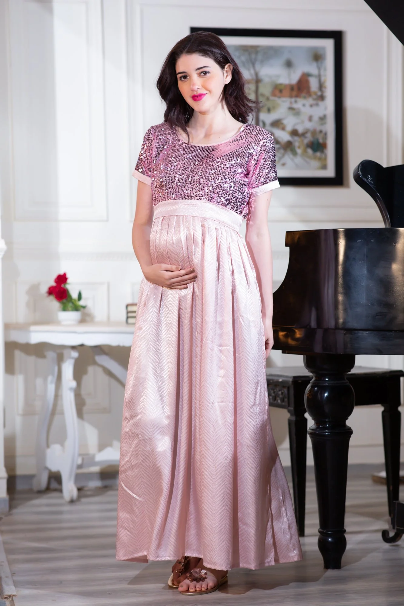 Luxe Rose Gold Sequin Maternity Dress - Chenance