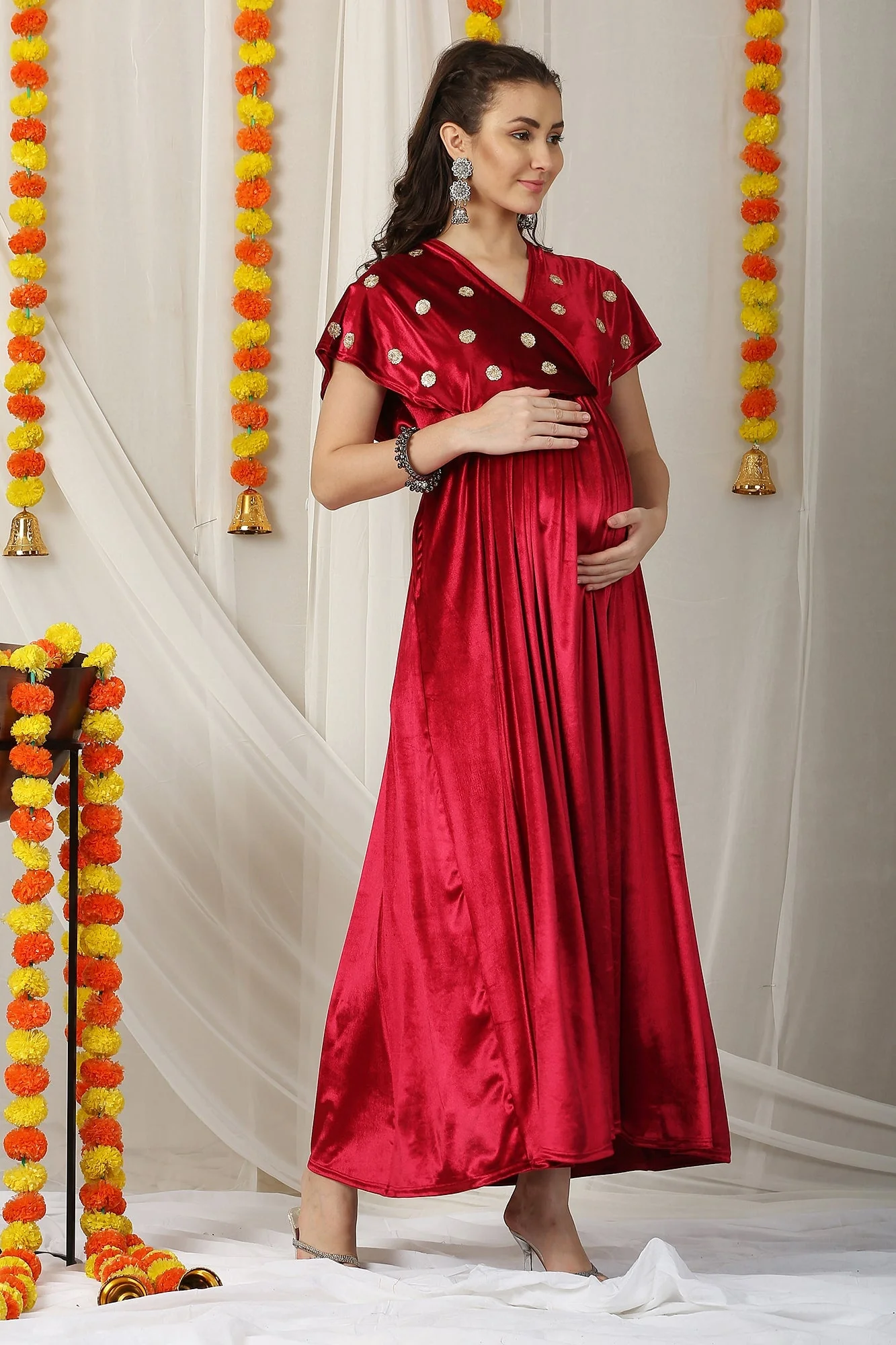 Graceful Hot Red Velvet Maternity & Nursing Embroidered Wrap Dress - Chenance